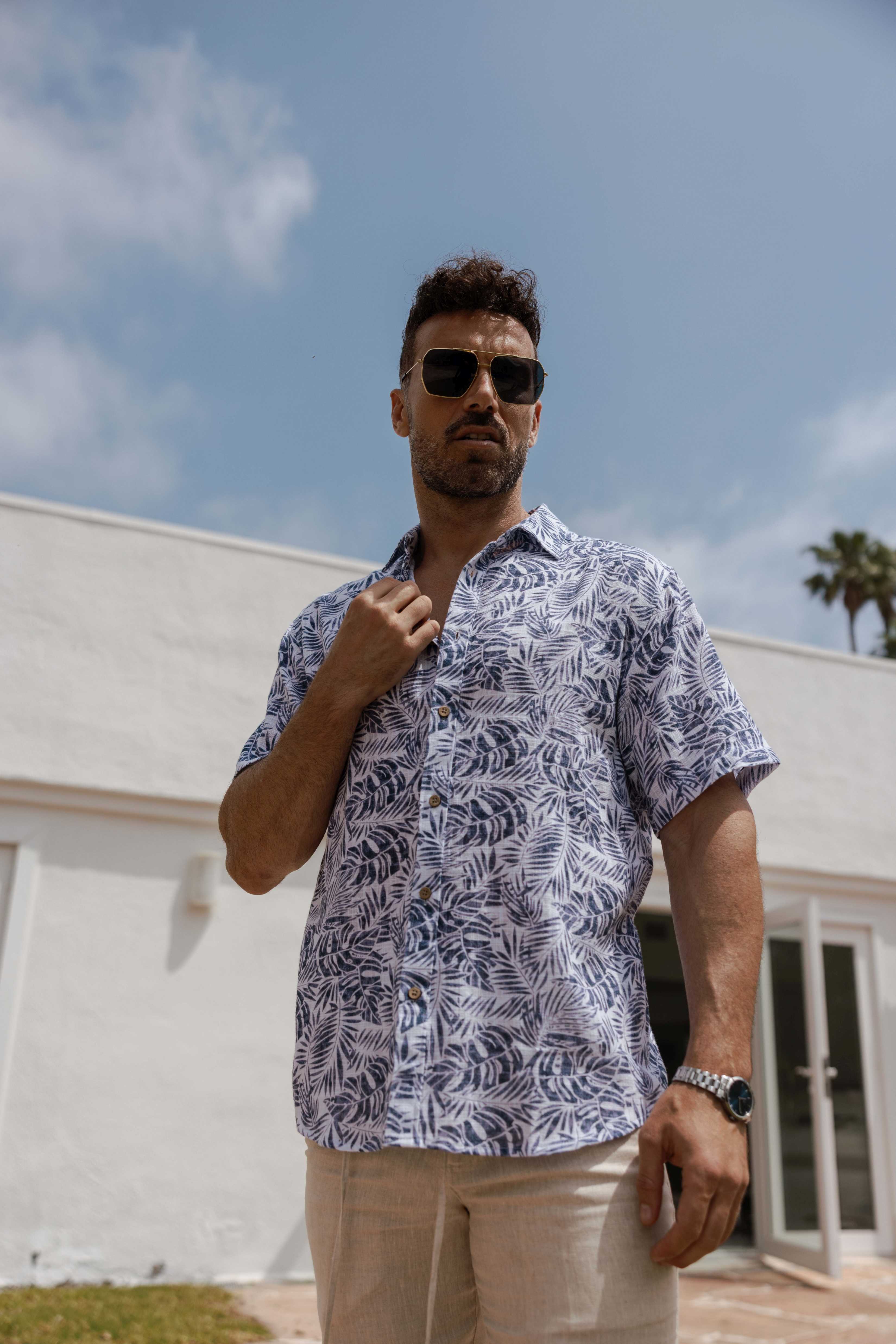 Men's Resort Style Casual Linen Blend Leafy Print Shirt