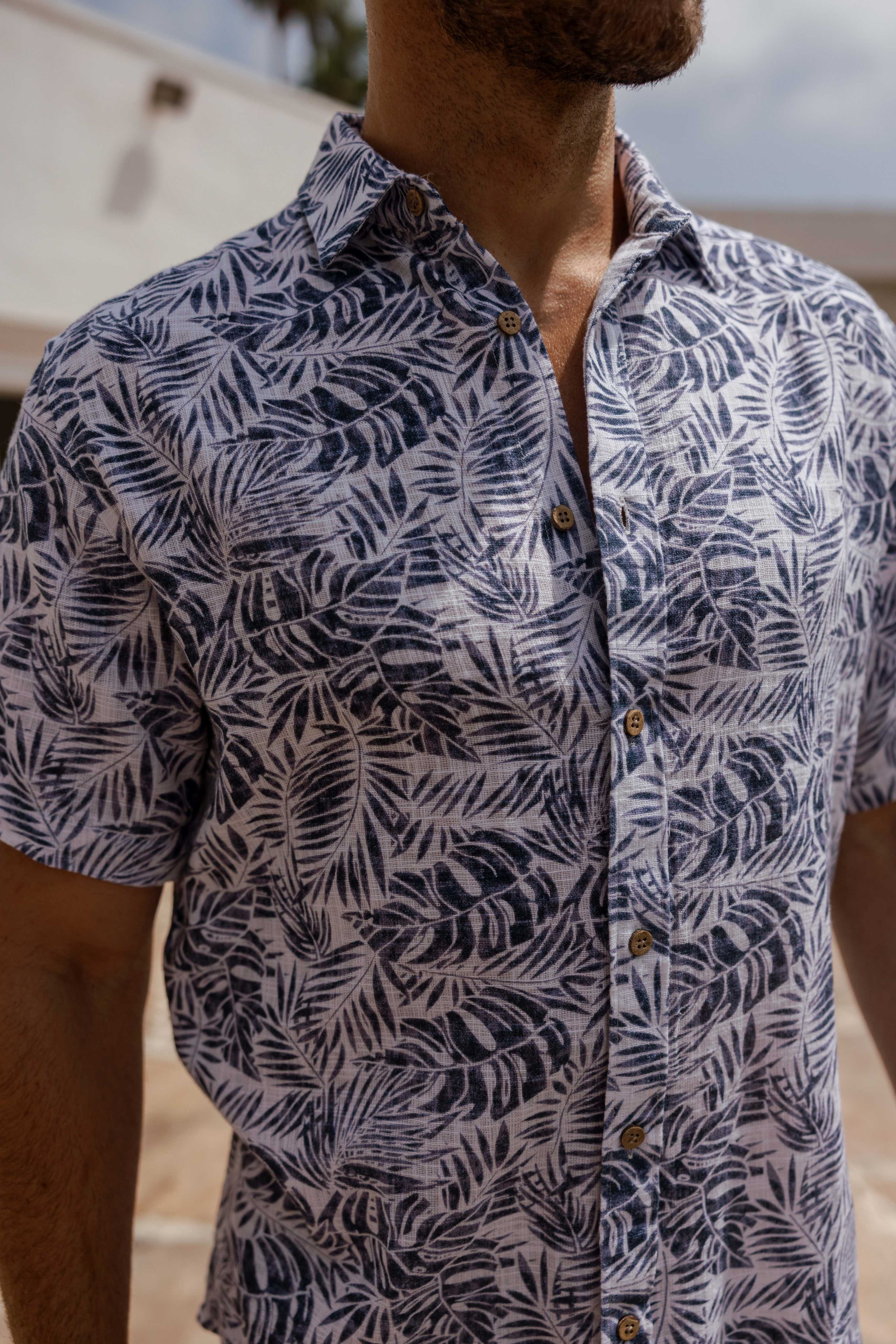 Men's Resort Style Casual Linen Blend Leafy Print Shirt