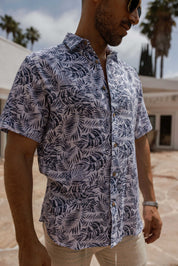 Men's Resort Style Casual Linen Blend Leafy Print Shirt
