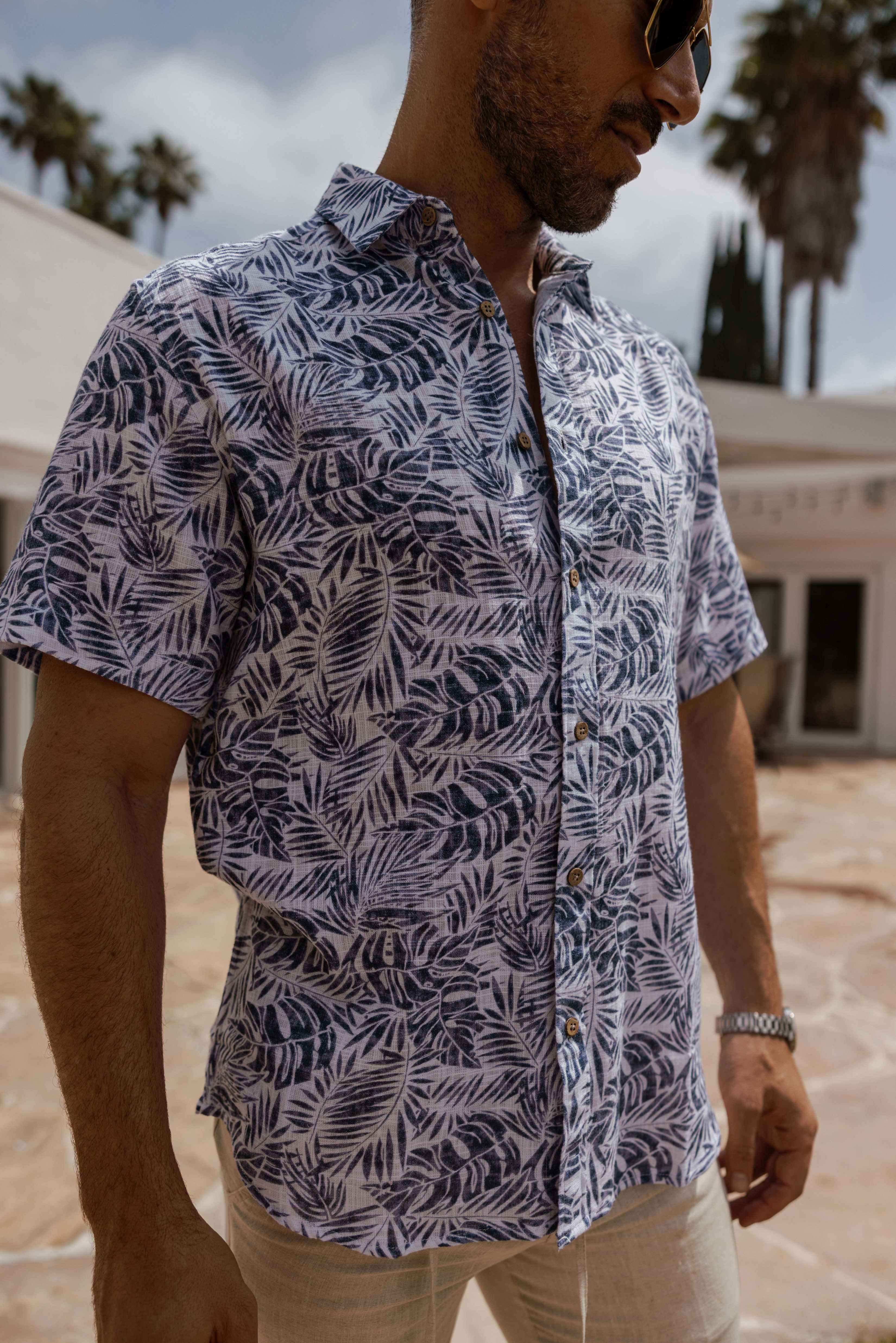 Men's Resort Style Casual Linen Blend Leafy Print Shirt
