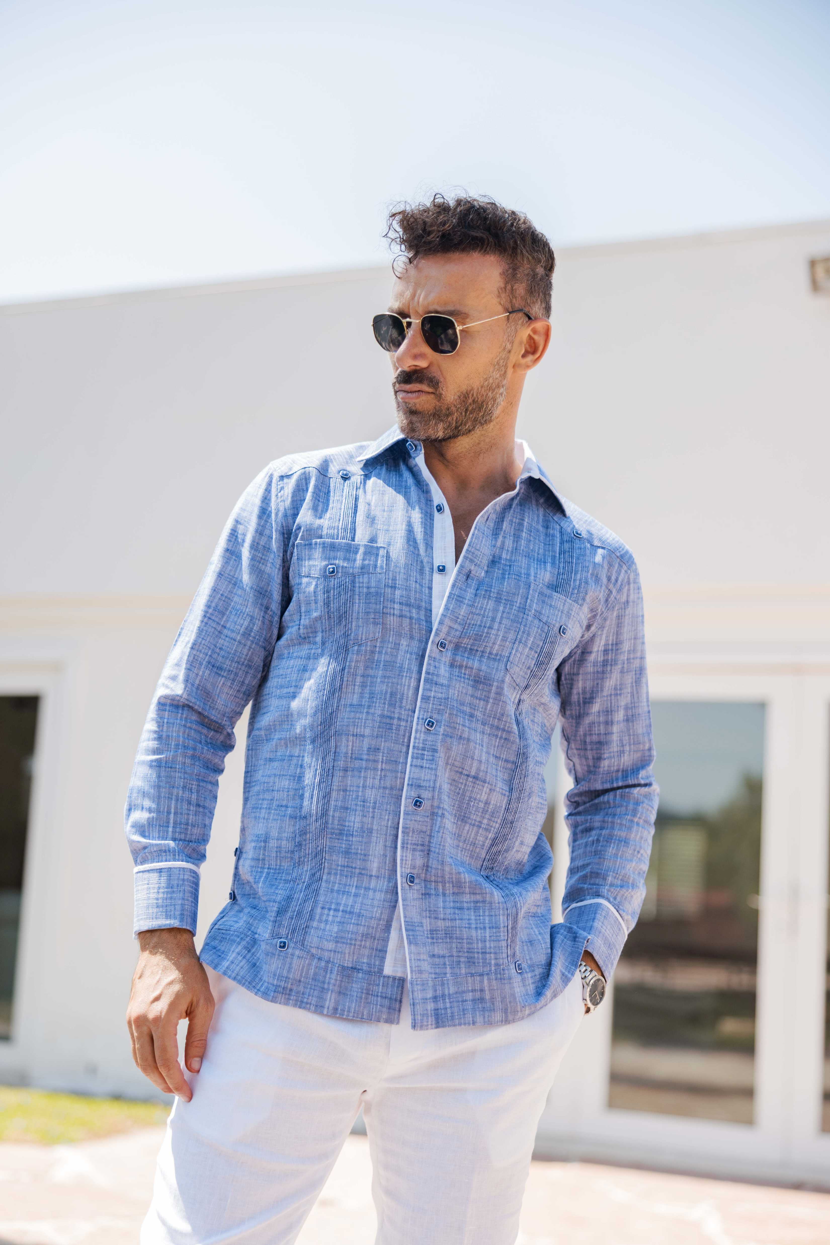 Mojito Men's Cotton Blend Guayabera Chacabana Shirt Long Sleeve with Accent Trim