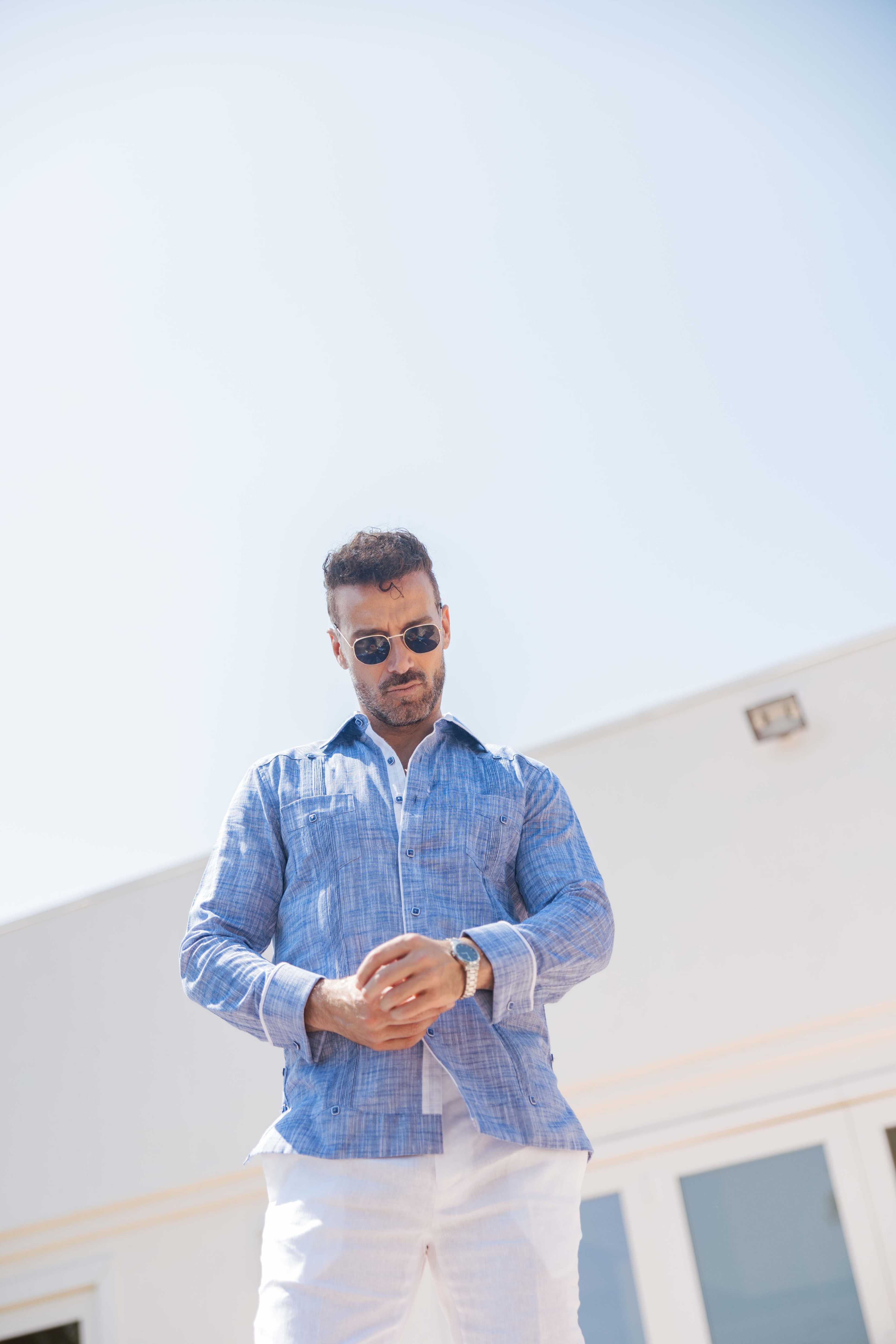 Mojito Men's Cotton Blend Guayabera Chacabana Shirt Long Sleeve with Accent Trim