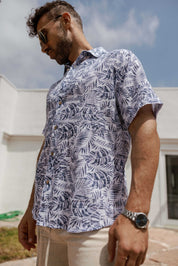 Men's Resort Style Casual Linen Blend Leafy Print Shirt