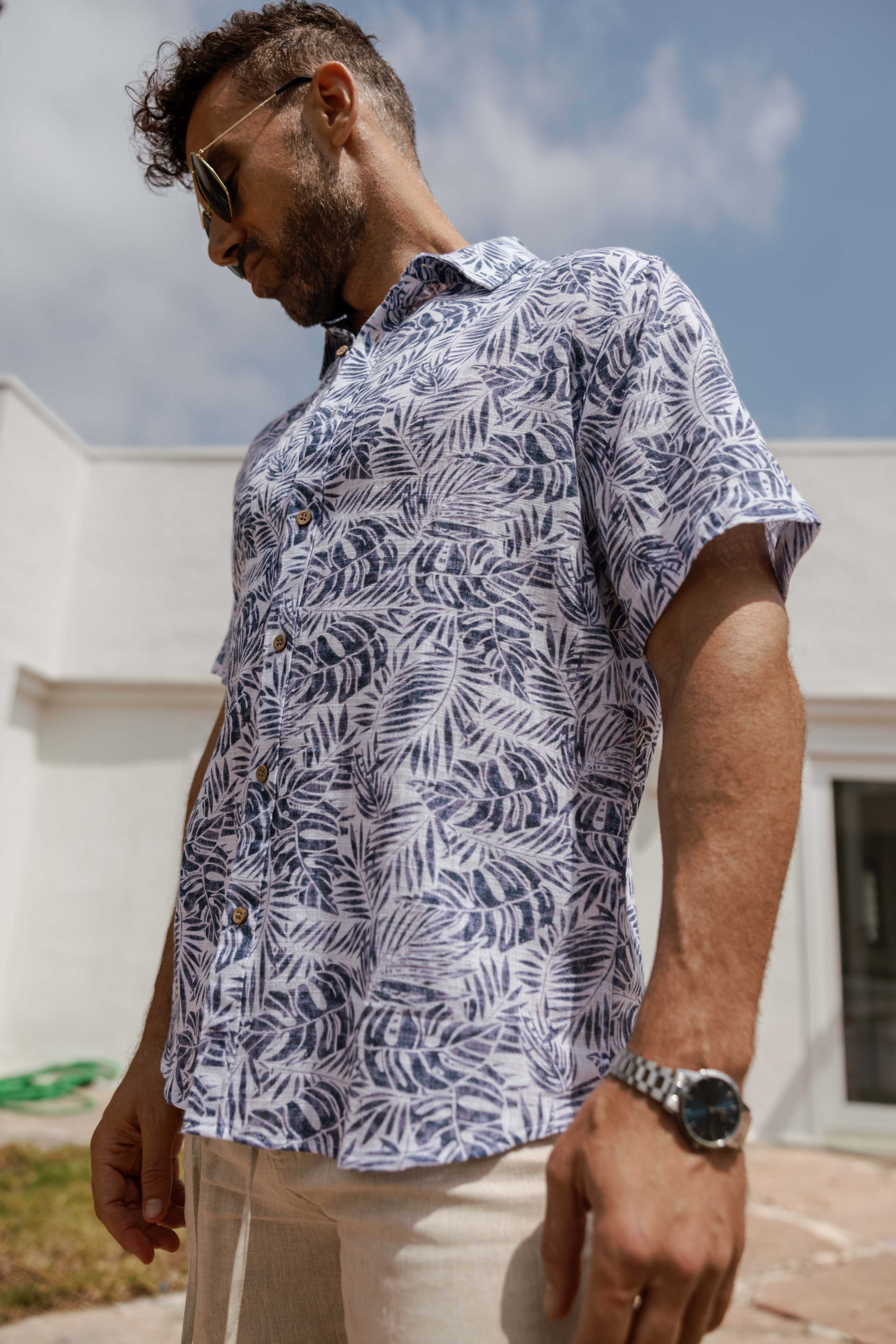 Men's Resort Style Casual Linen Blend Leafy Print Shirt