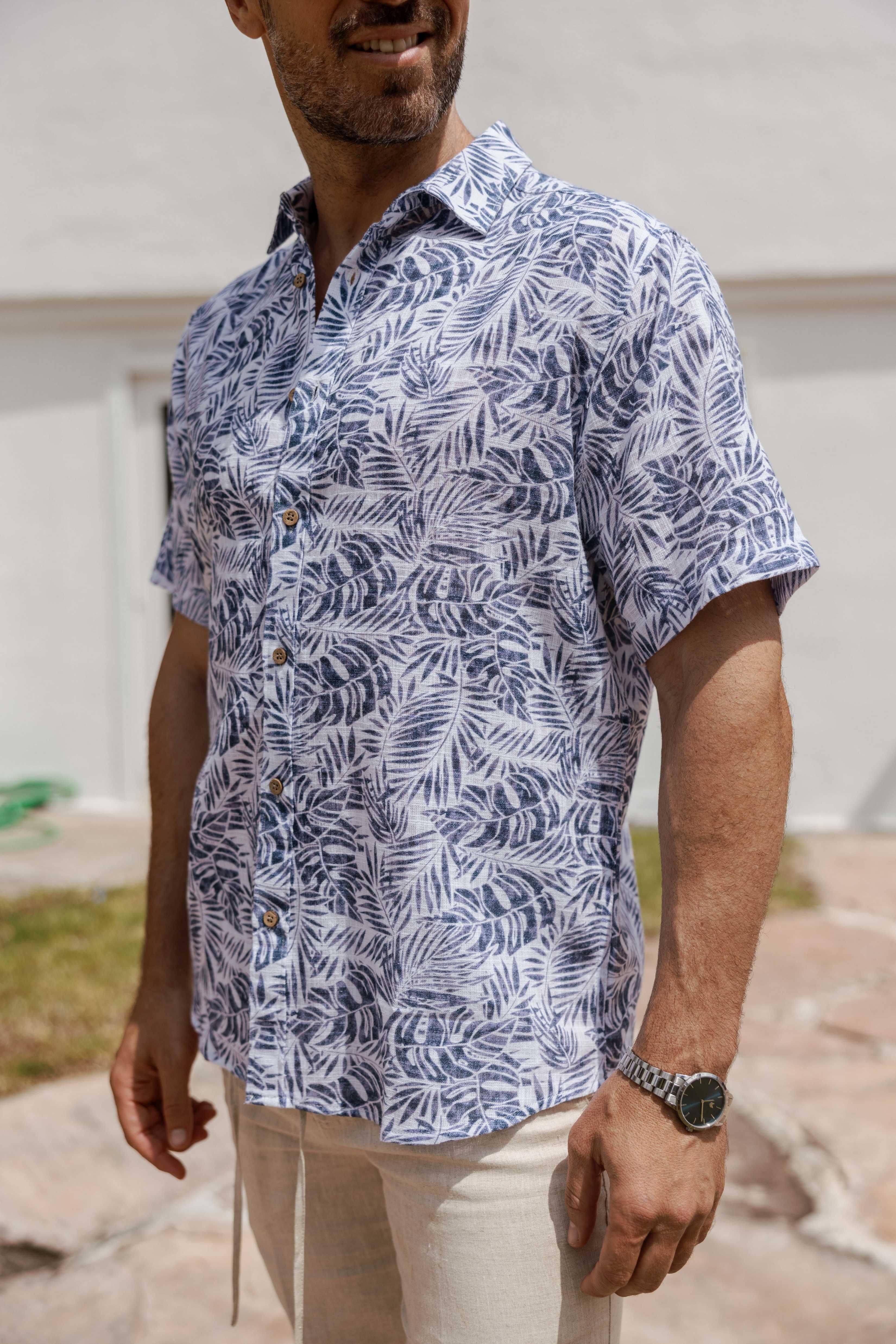 Men's Resort Style Casual Linen Blend Leafy Print Shirt