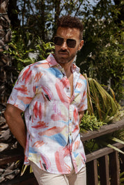 Camisa informal de lino con estampado estilo resort para hombre