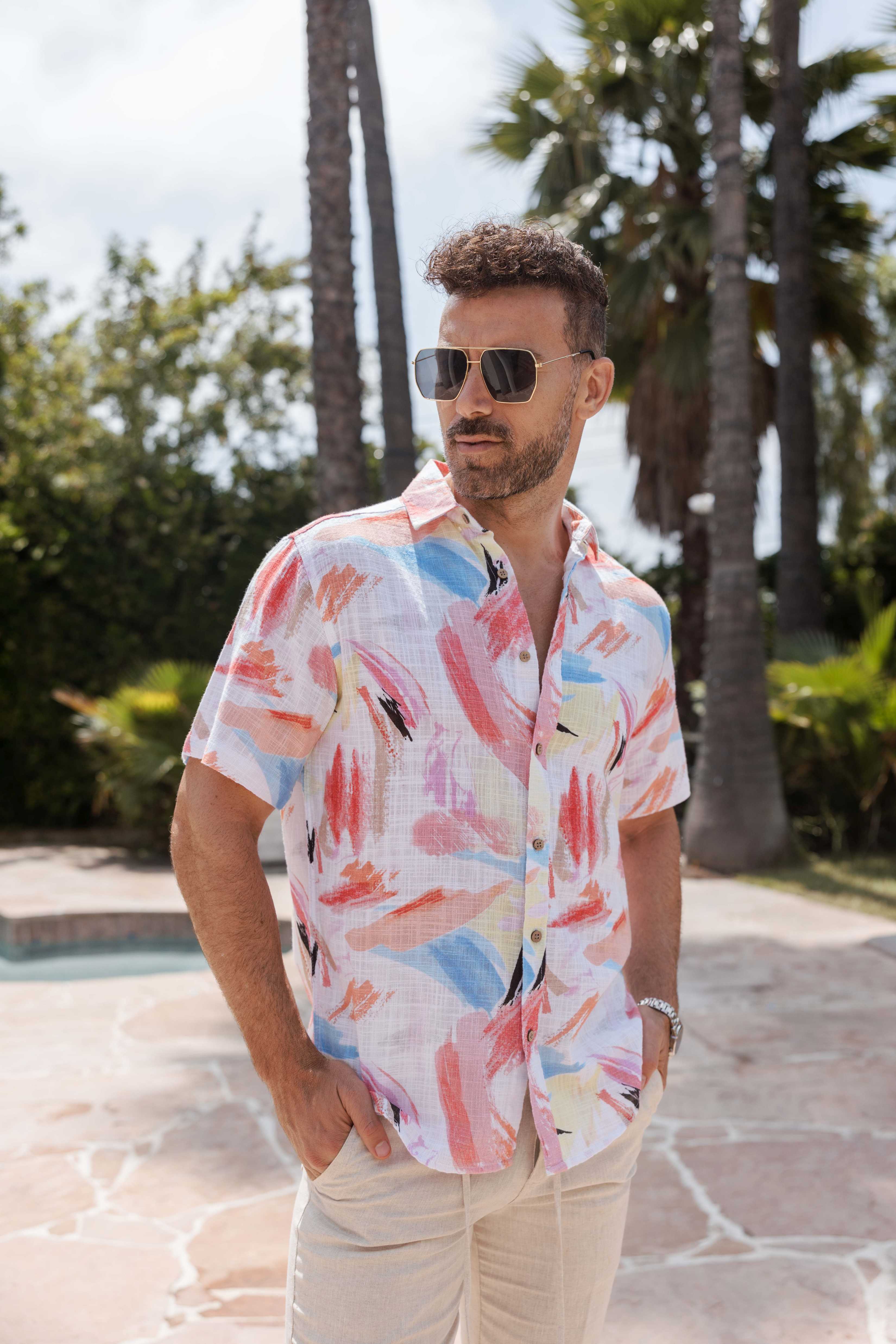 Camisa informal de lino con estampado estilo resort para hombre