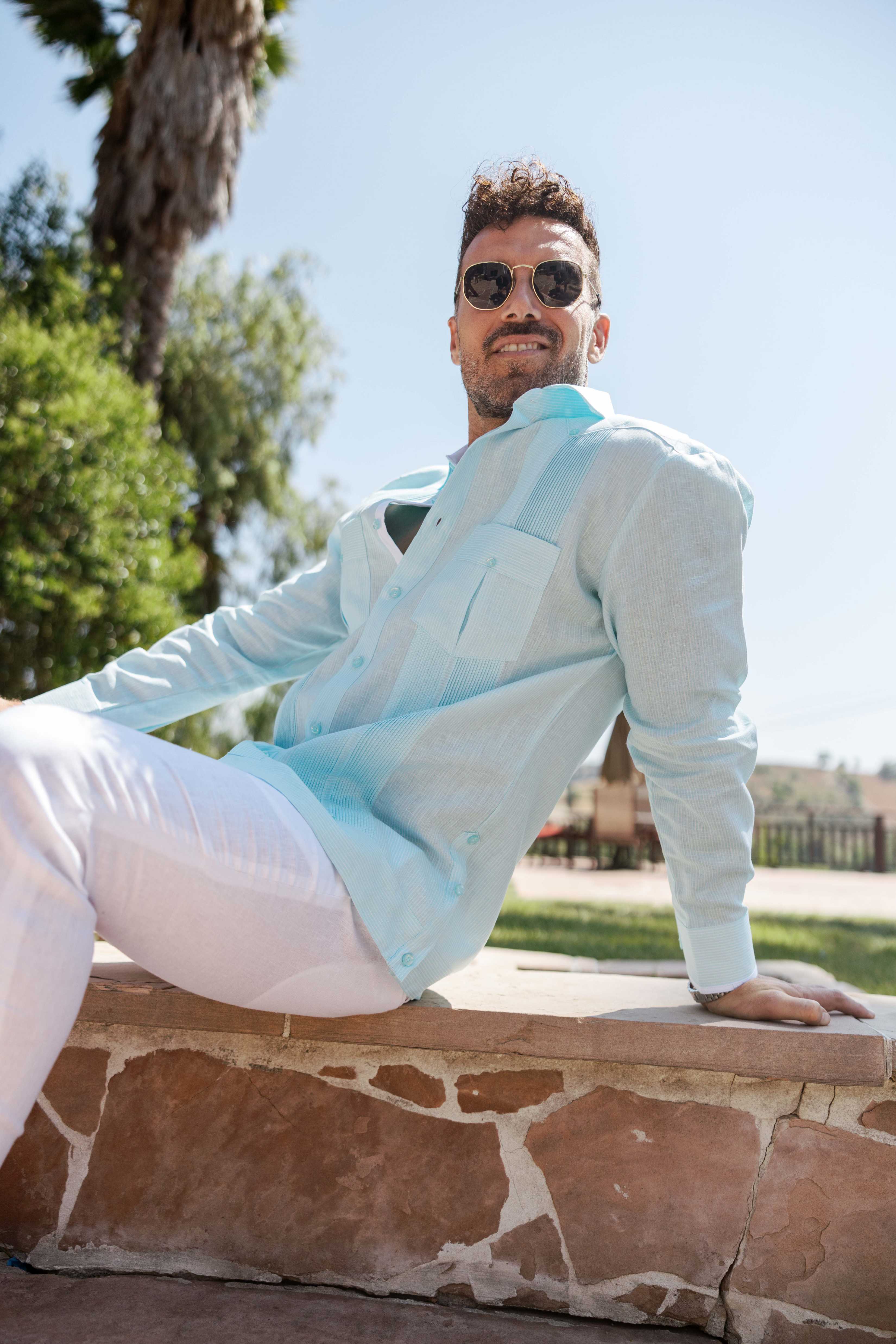 Camisa Guayabera de Rayas para Hombre de Manga Larga