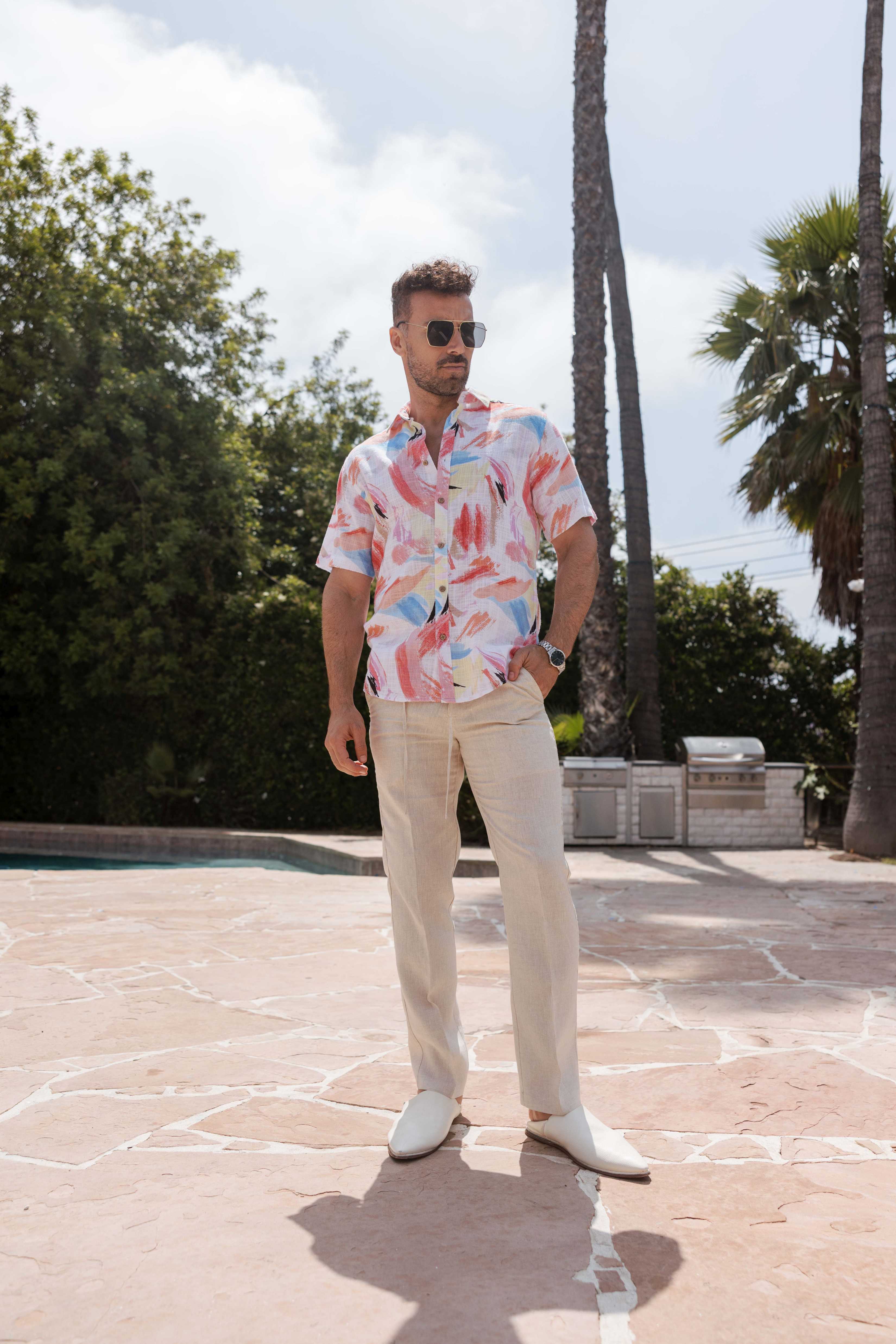 Camisa informal de lino con estampado estilo resort para hombre
