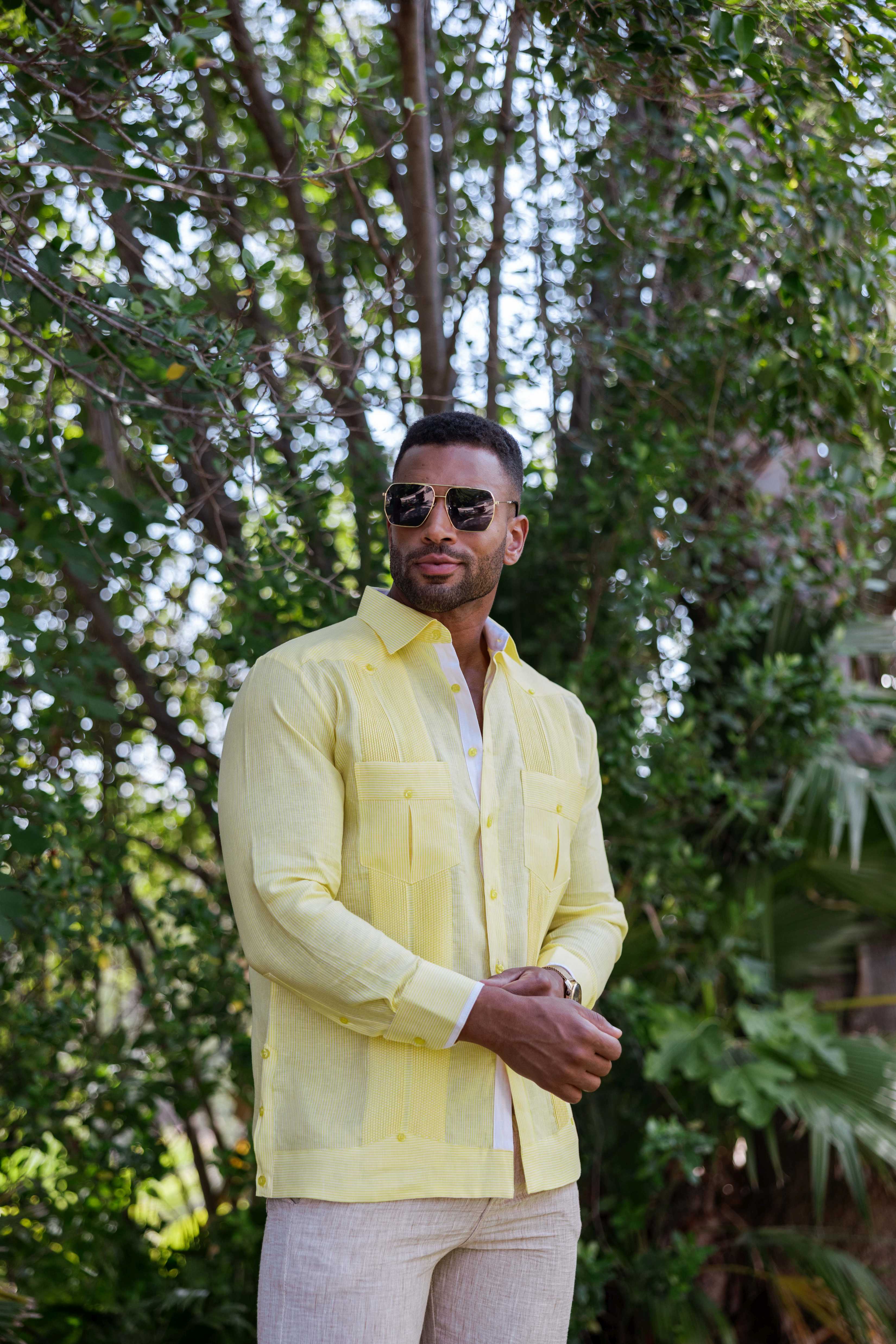 Camisa Guayabera de Rayas para Hombre de Manga Larga