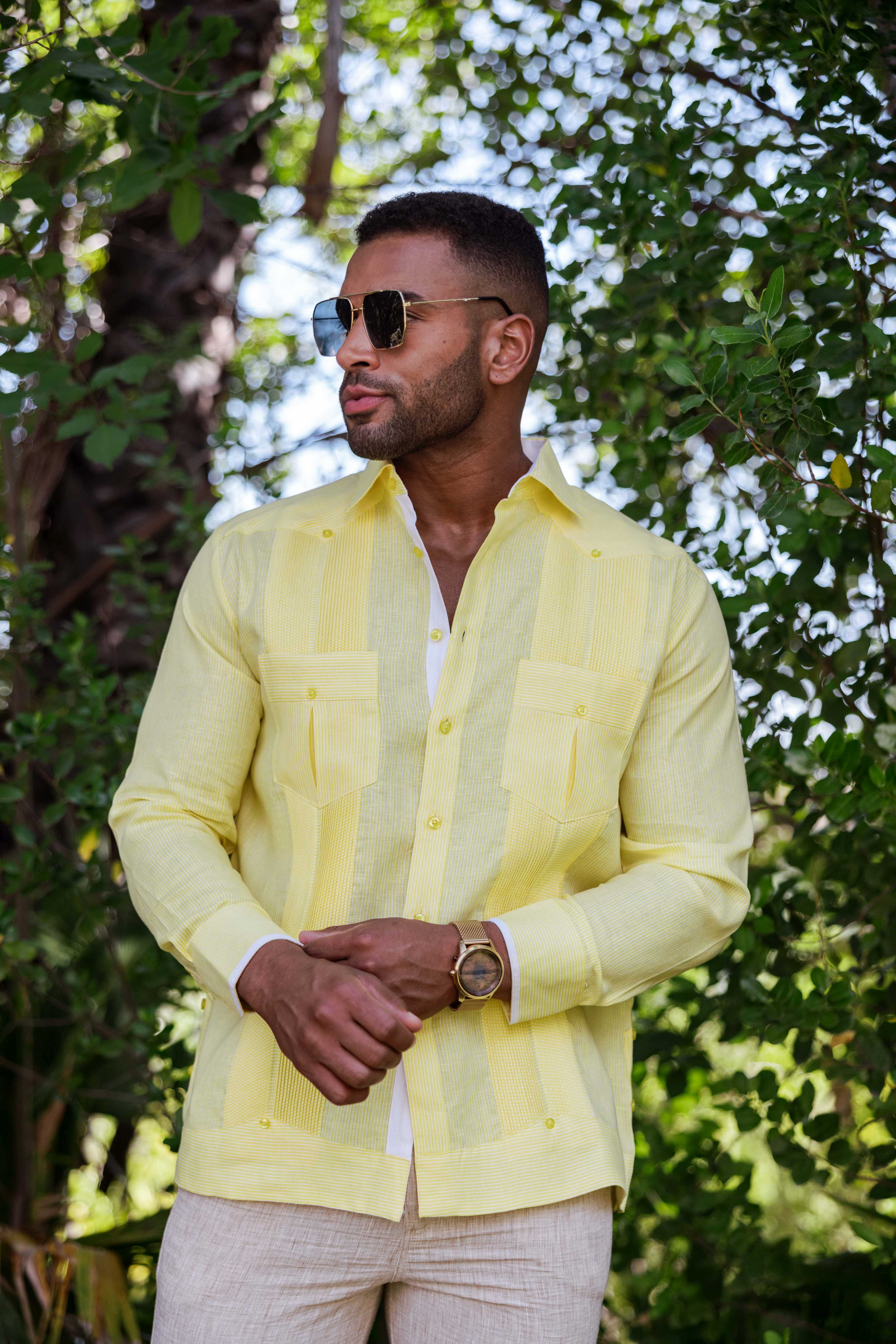 Camisa Guayabera de Rayas para Hombre de Manga Larga