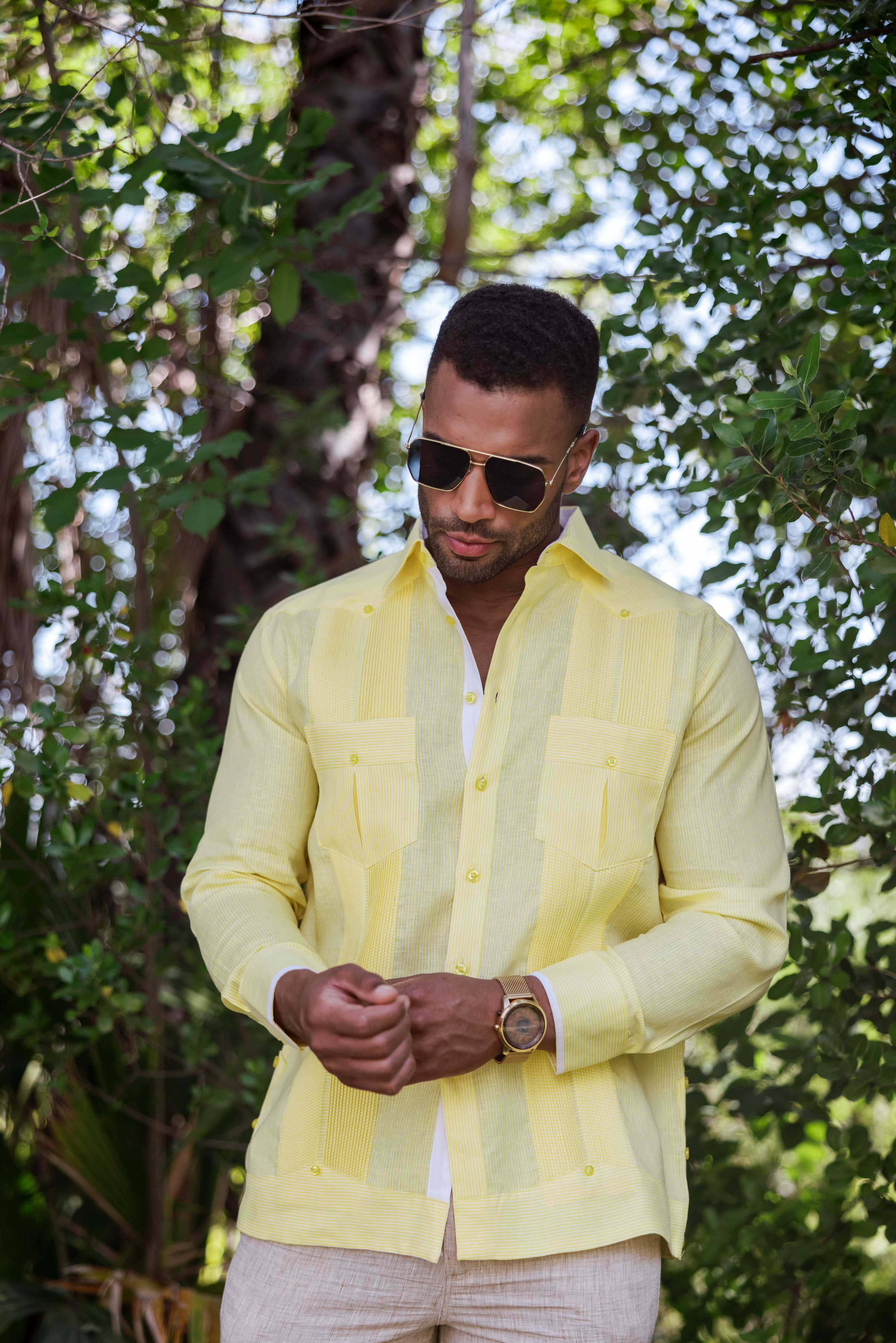 Camisa Guayabera de Rayas para Hombre de Manga Larga