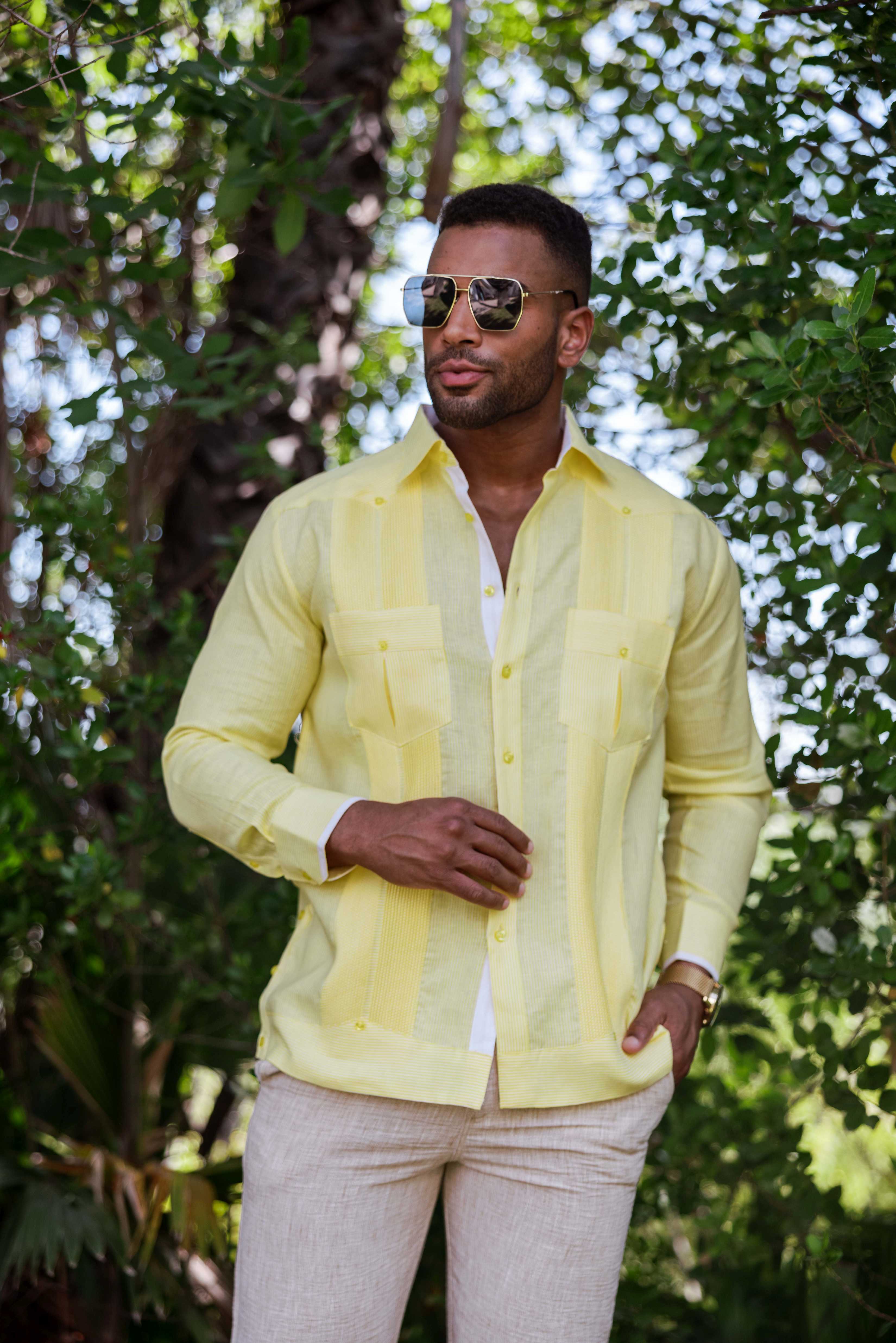 Camisa Guayabera de Rayas para Hombre de Manga Larga