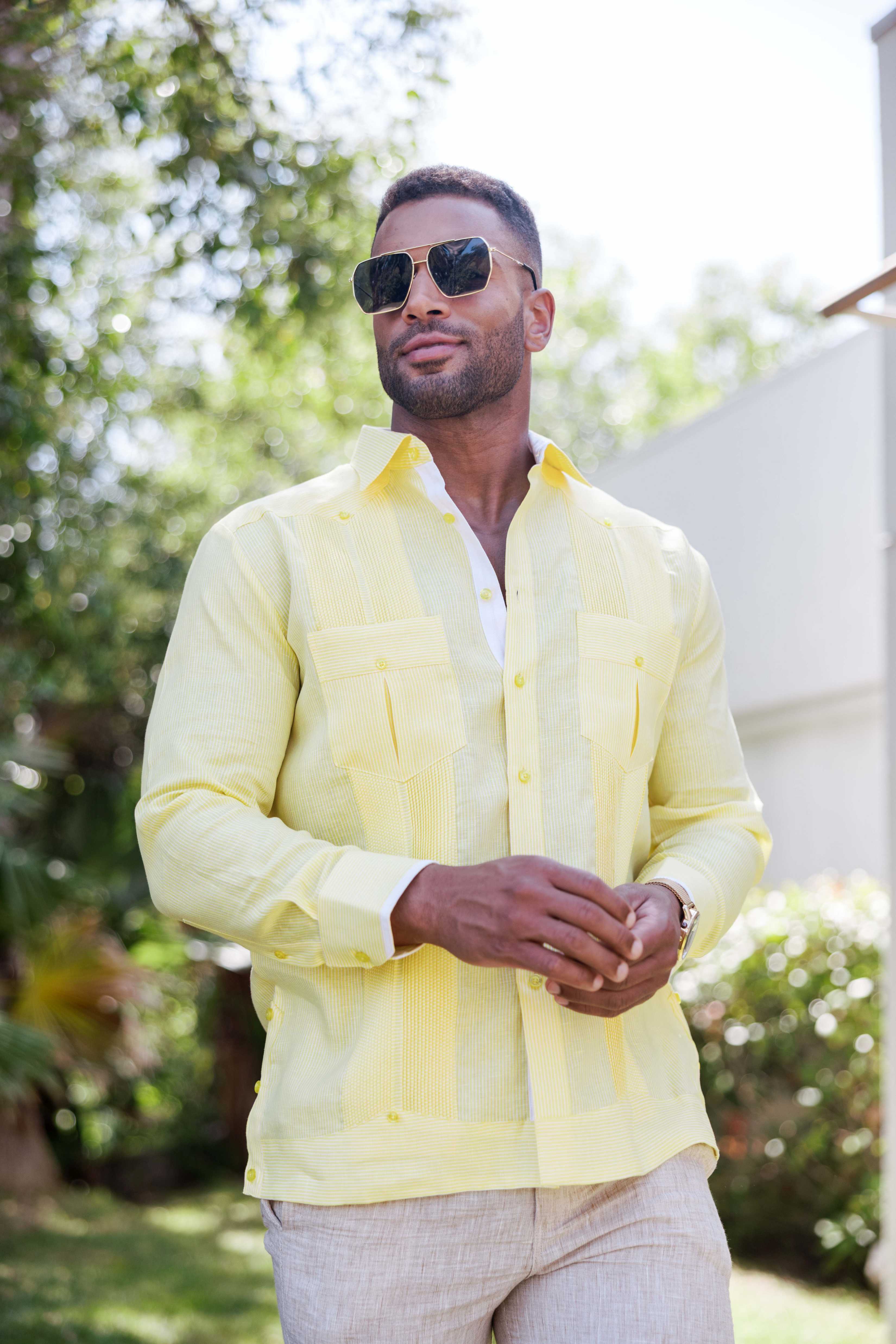 Camisa Guayabera de Rayas para Hombre de Manga Larga