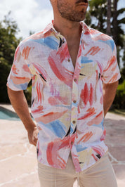 Camisa informal de lino con estampado estilo resort para hombre