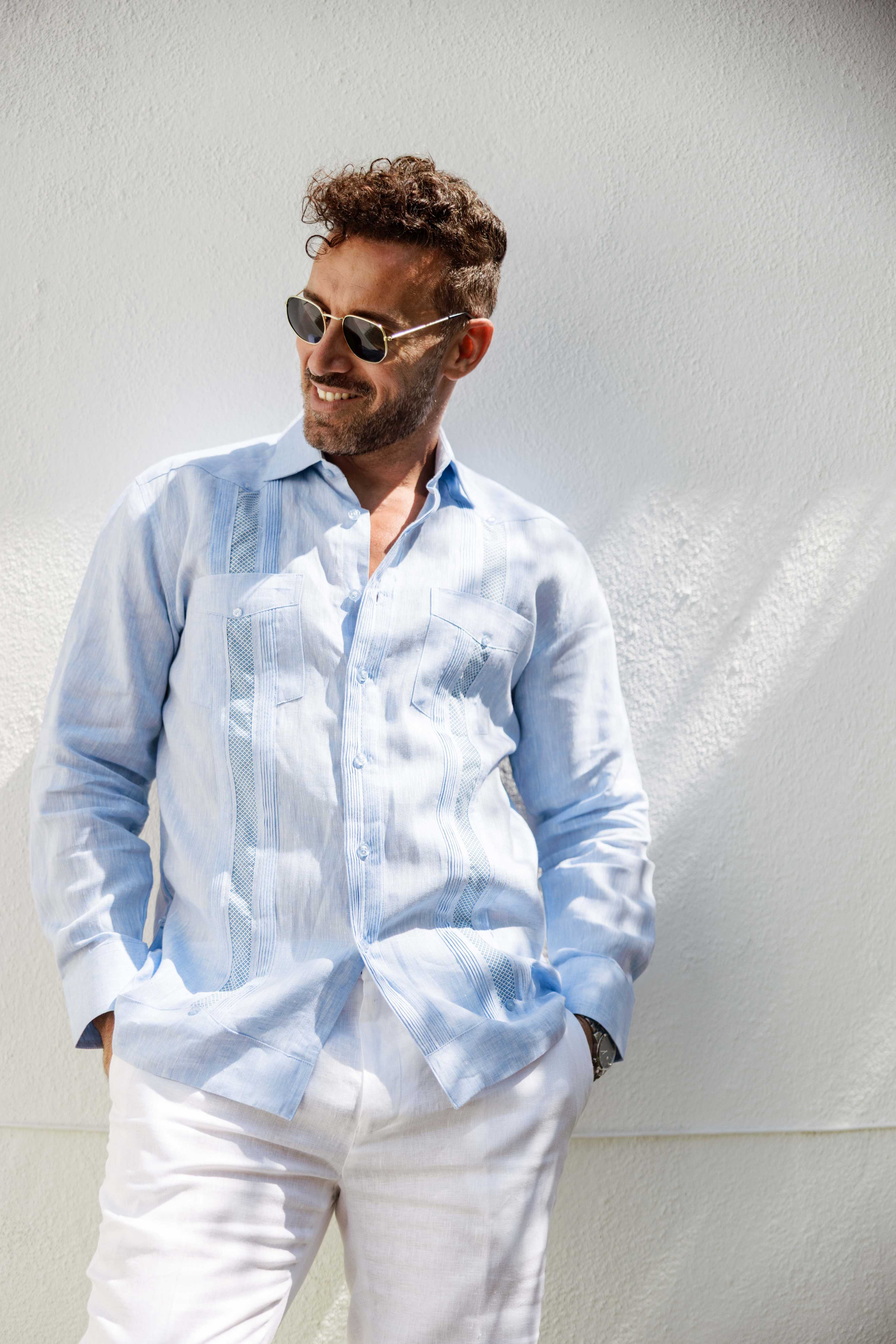Mojito Men's 100% Linen Guayabera Chacabana Shirt Long Sleeve - Diamond Embroidery