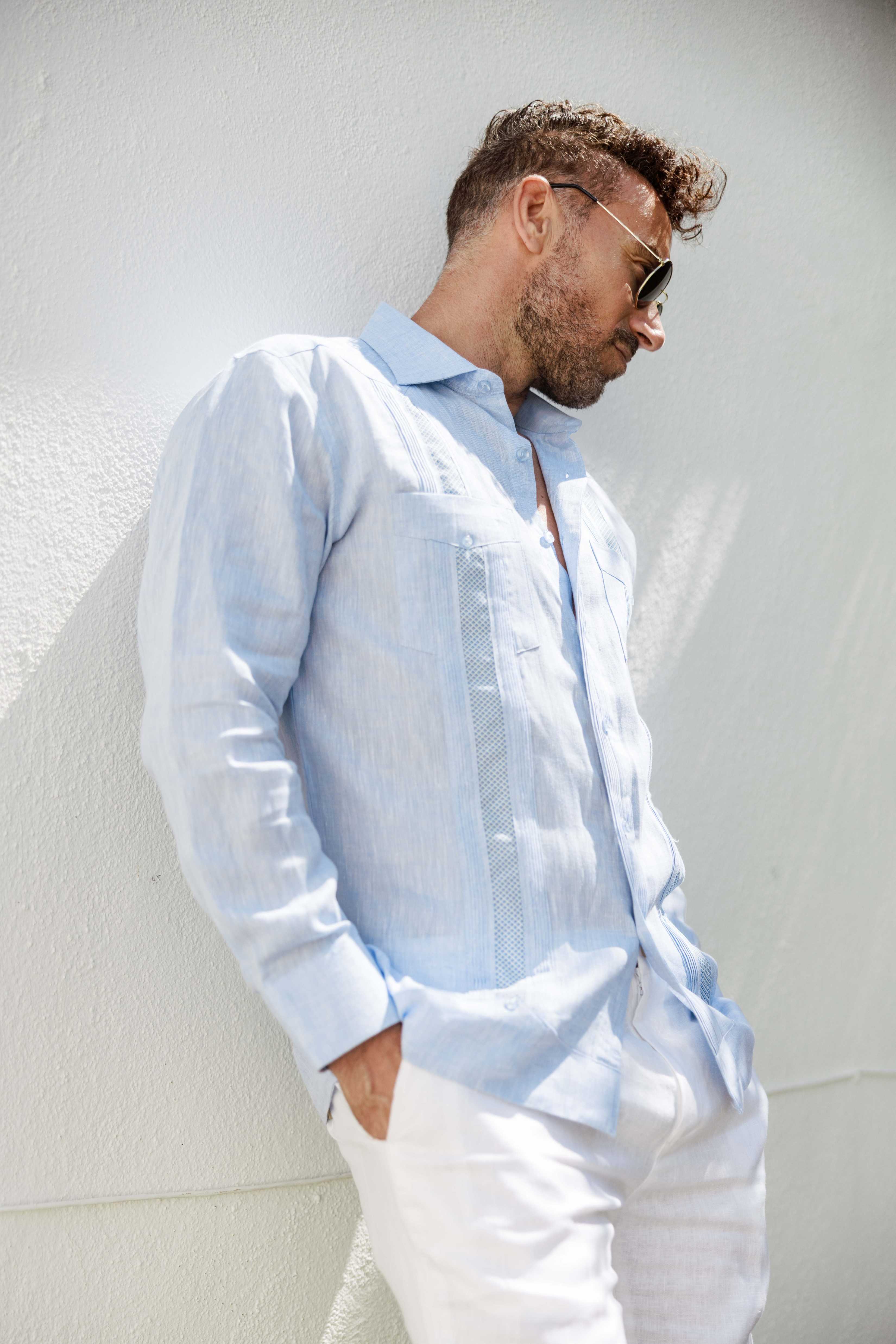 Mojito Men's 100% Linen Guayabera Chacabana Shirt Long Sleeve - Diamond Embroidery