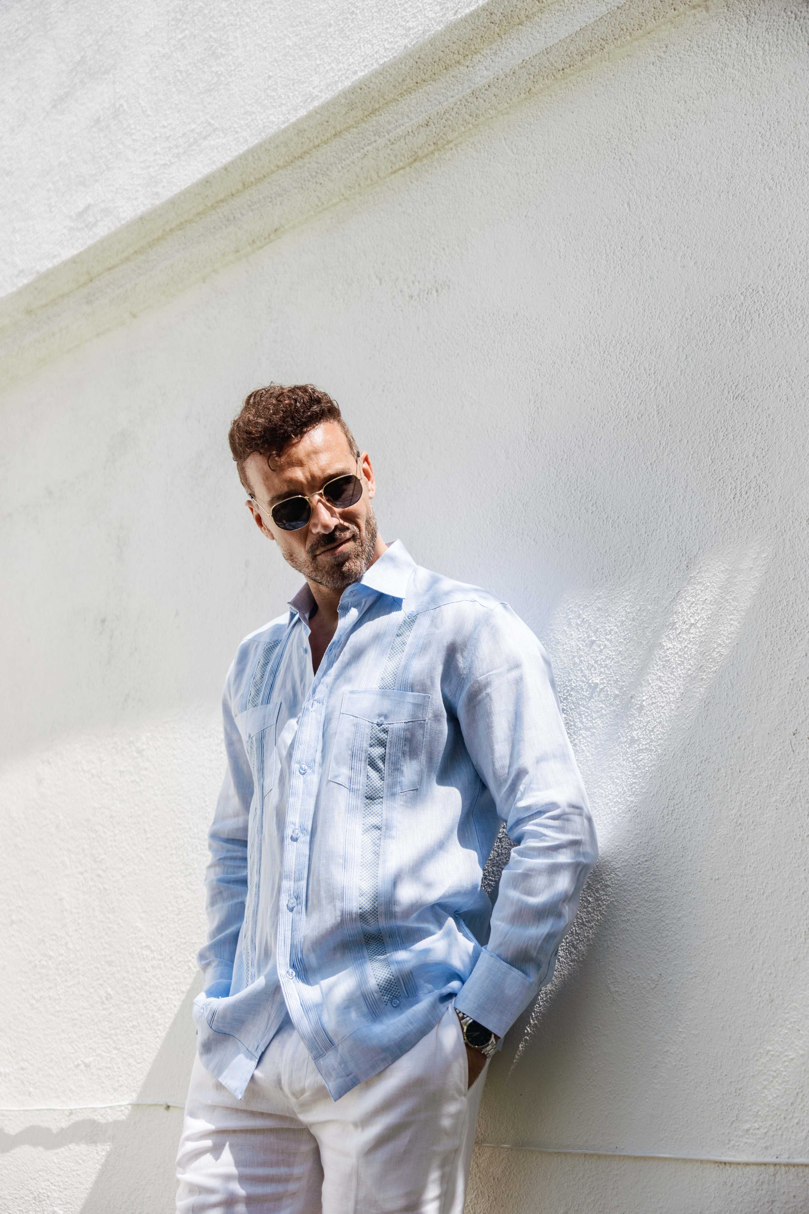 Mojito Men's 100% Linen Guayabera Chacabana Shirt Long Sleeve - Diamond Embroidery