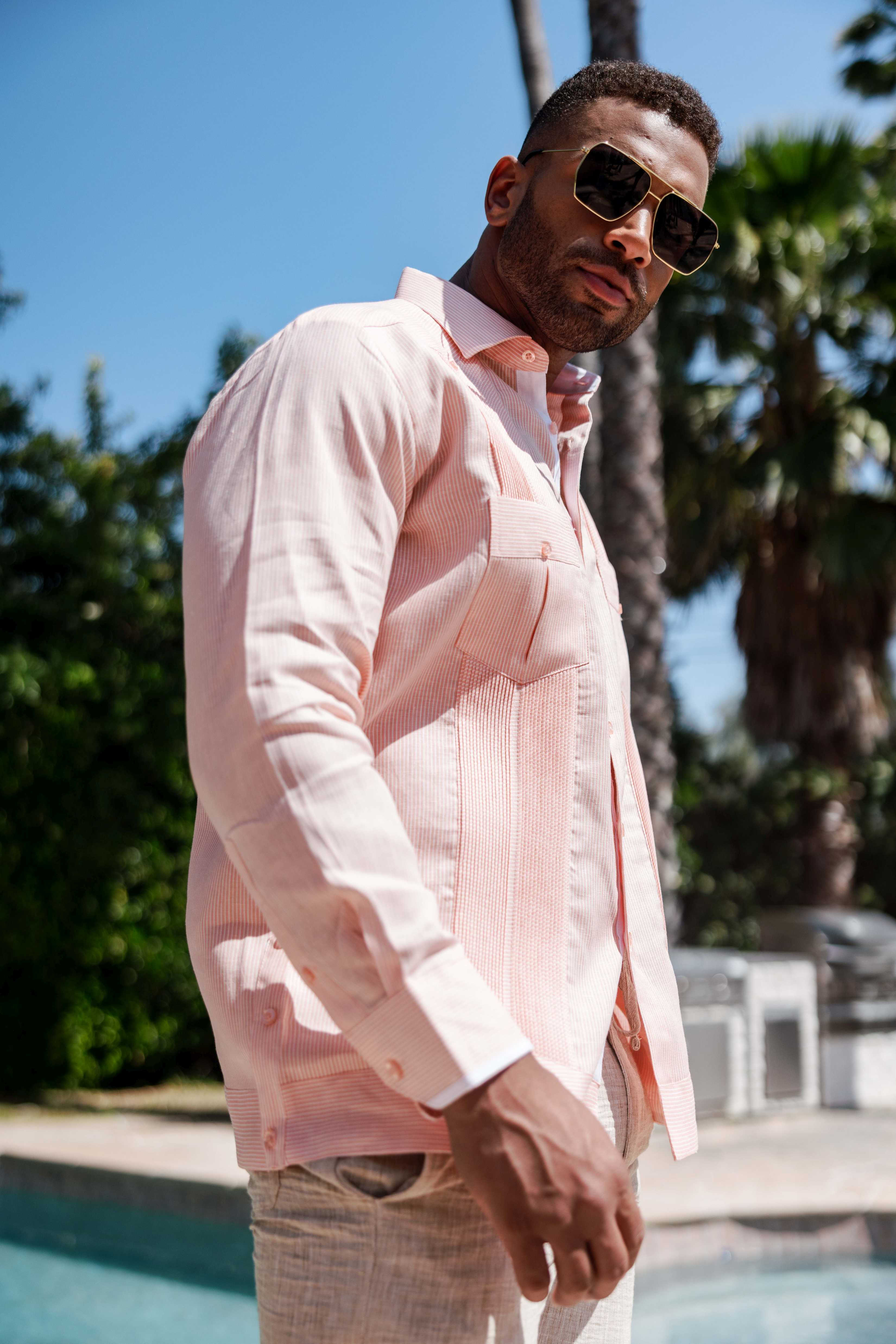 Camisa Guayabera de Rayas para Hombre de Manga Larga