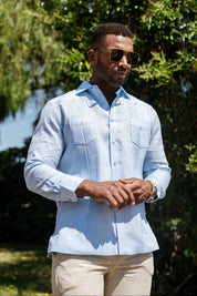 Mojito Men's 100% Linen Two-Pocket Design Guayabera Shirt Long Sleeve