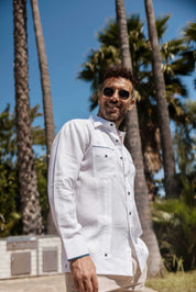 Mojito Men's 100% Linen Guayabera Chacabana Shirt Long Sleeve with Pop-Color Pocket Trim