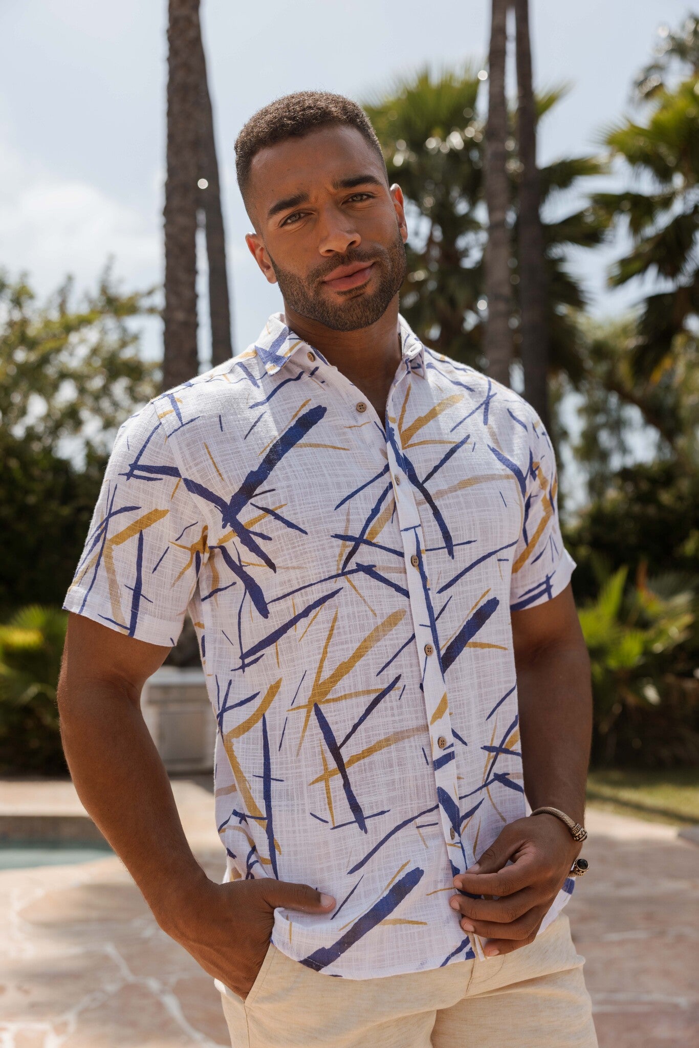 Camisa informal de lino con estampado estilo resort para hombre