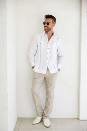 Mojito Men's Guayabera Shirt Chacabana 100% Linen with Contrast Trim Long Sleeve and French Cuff