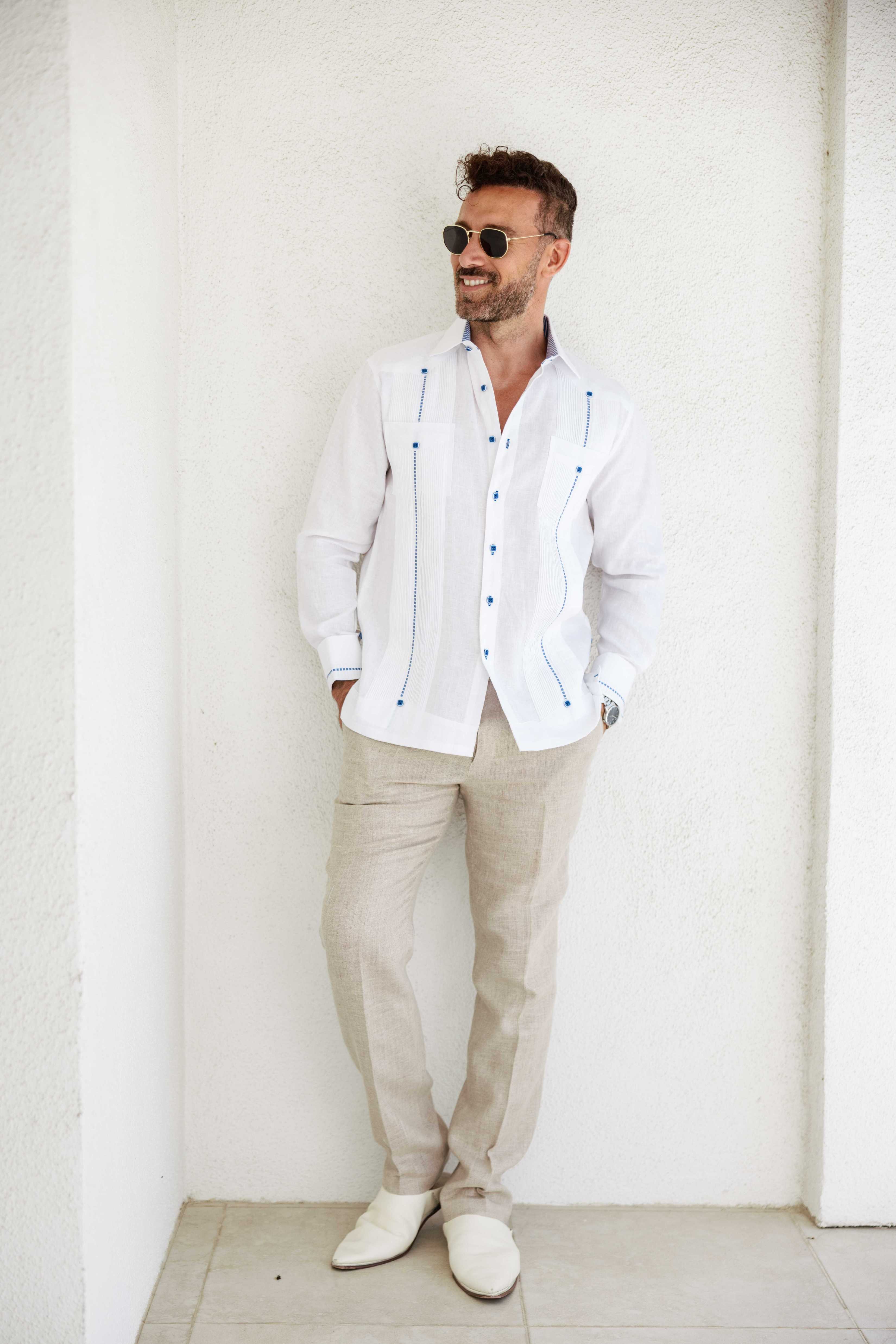 Mojito Men's Guayabera Shirt Chacabana 100% Linen with Contrast Trim Long Sleeve and French Cuff