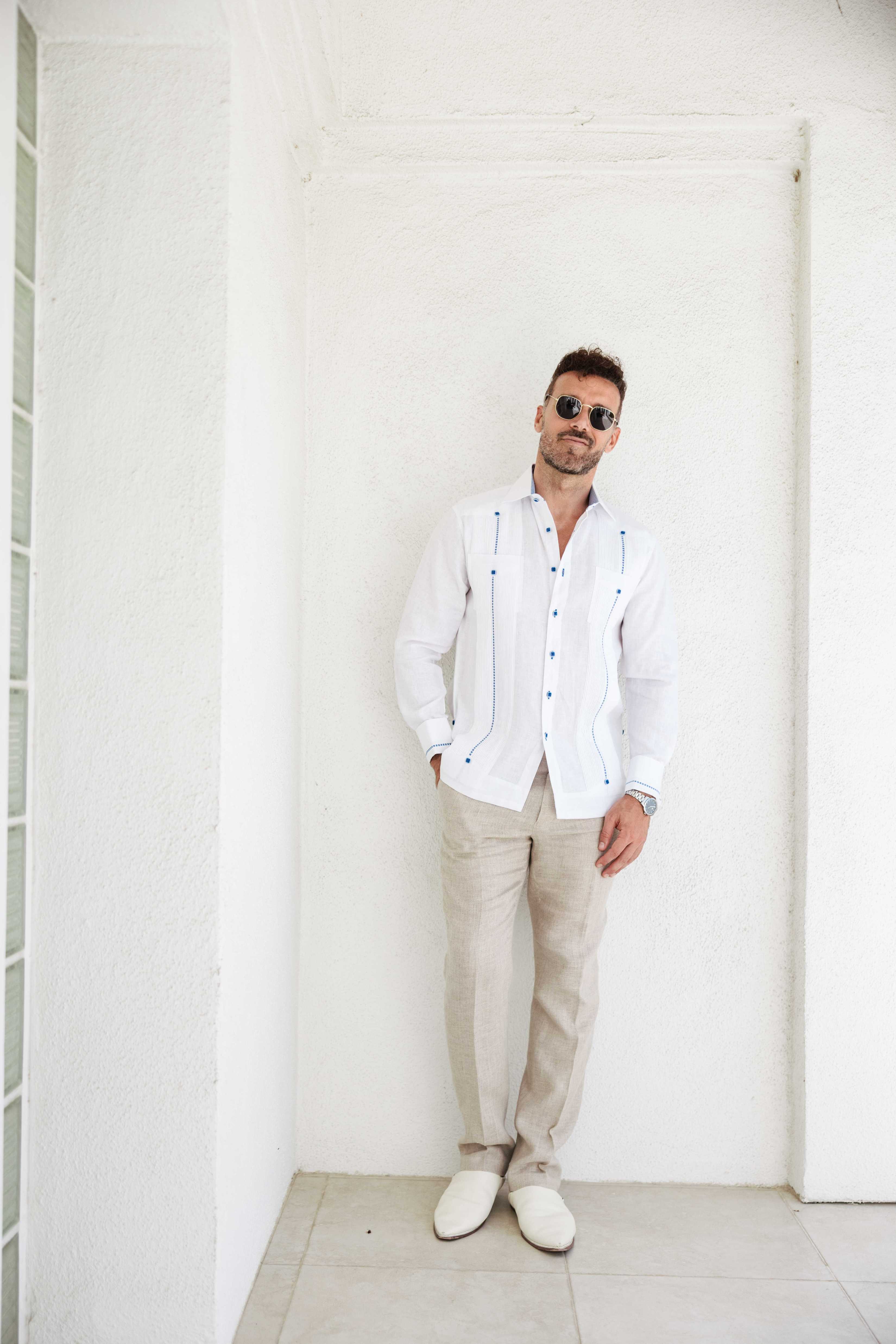 Mojito Men's Guayabera Shirt Chacabana 100% Linen with Contrast Trim Long Sleeve and French Cuff