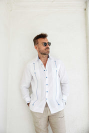 Mojito Men's Guayabera Shirt Chacabana 100% Linen with Contrast Trim Long Sleeve and French Cuff