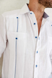 Mojito Men's Guayabera Shirt Chacabana 100% Linen with Contrast Trim Long Sleeve and French Cuff