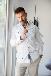 Mojito Men's 100% Linen Guayabera Chacabana Shirt Long Sleeve with Print Trim Accent