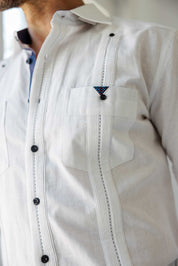 Mojito Men's 100% Linen Guayabera Chacabana Shirt Long Sleeve with Print Trim Accent