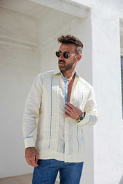 Mojito Men's 100% Linen Guayabera Chacabana Shirt Long Sleeve - Floral Contrast Trim & Blue Embroidery