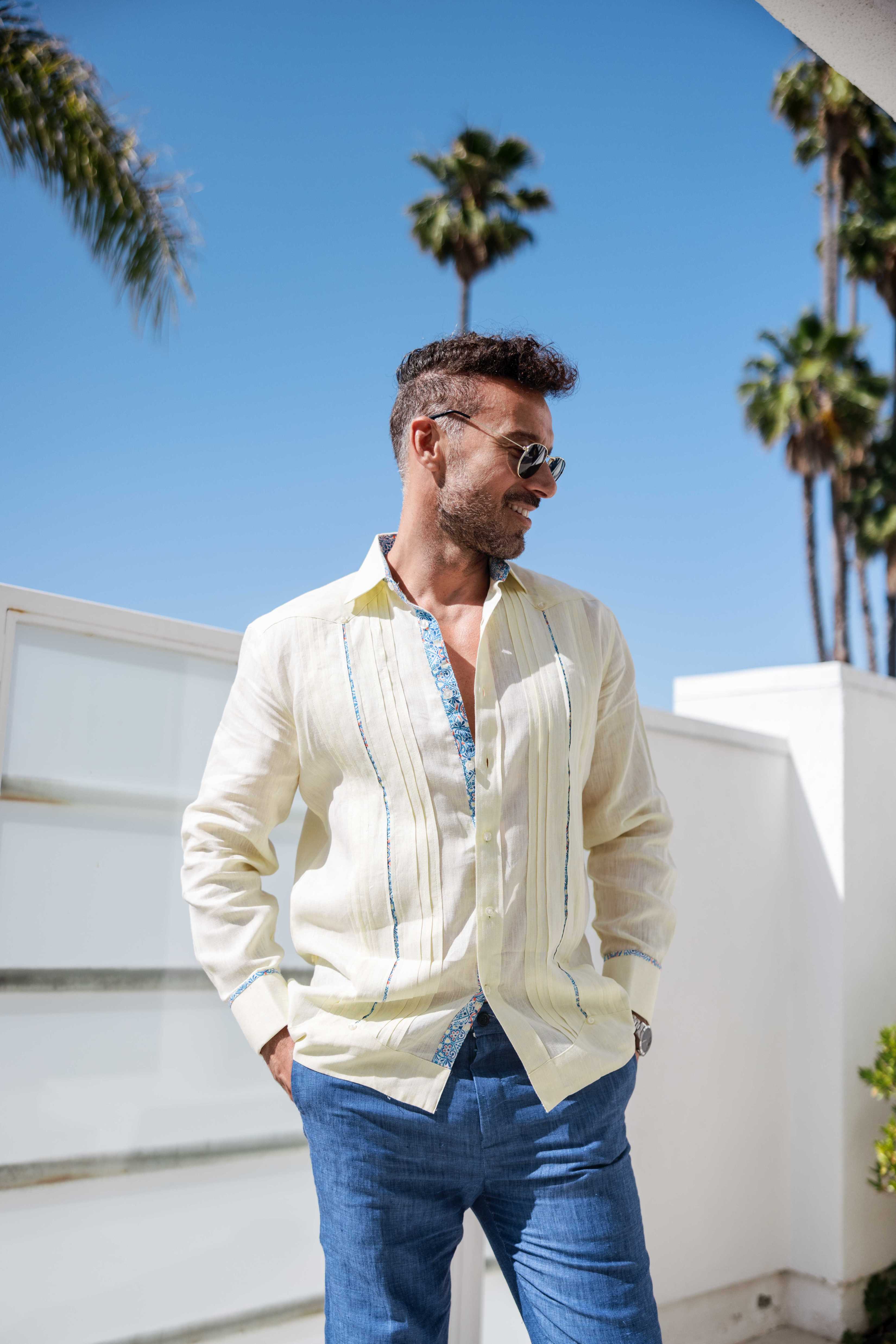 Mojito Men's 100% Linen Guayabera Chacabana Shirt Long Sleeve - Floral Contrast Trim & Blue Embroidery