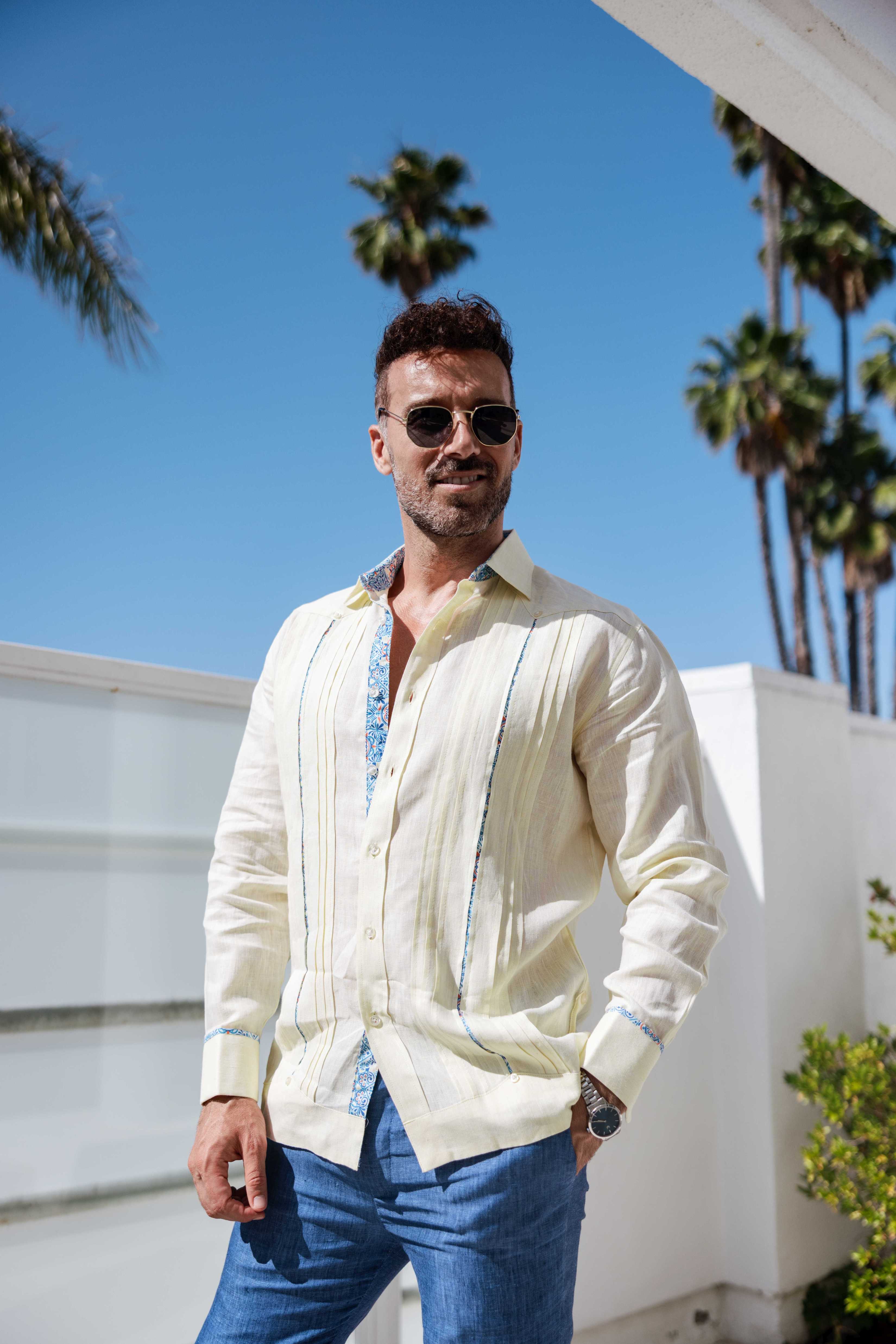 Mojito Men's 100% Linen Guayabera Chacabana Shirt Long Sleeve - Floral Contrast Trim & Blue Embroidery