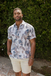 Mojito Men's Resort Style Casual Linen Blend Leafy Tropical Print Shirt