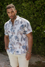 Mojito Men's Resort Style Casual Linen Blend Leafy Tropical Print Shirt