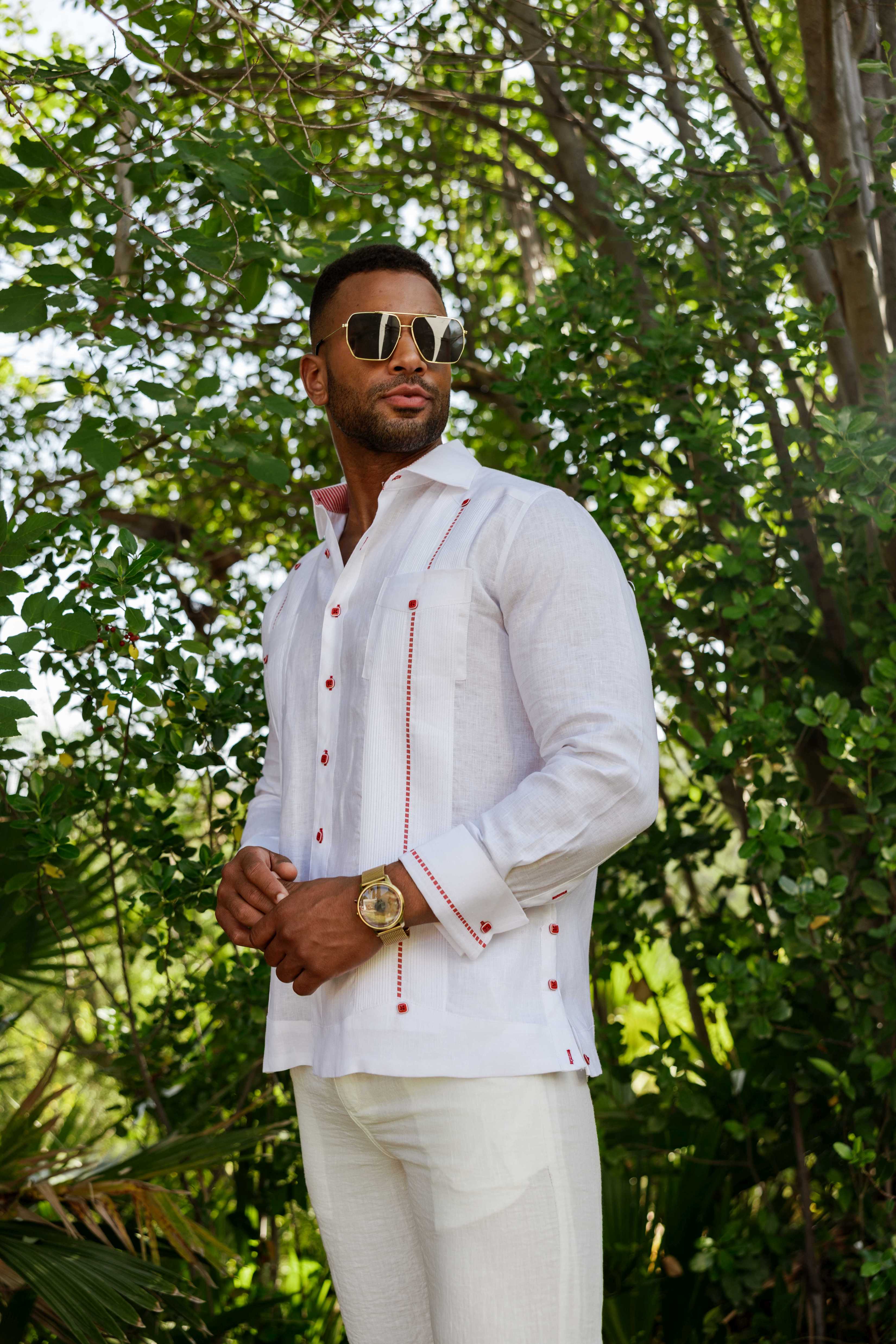 Mojito Men's Guayabera Shirt Chacabana 100% Linen with Contrast Trim Long Sleeve and French Cuff