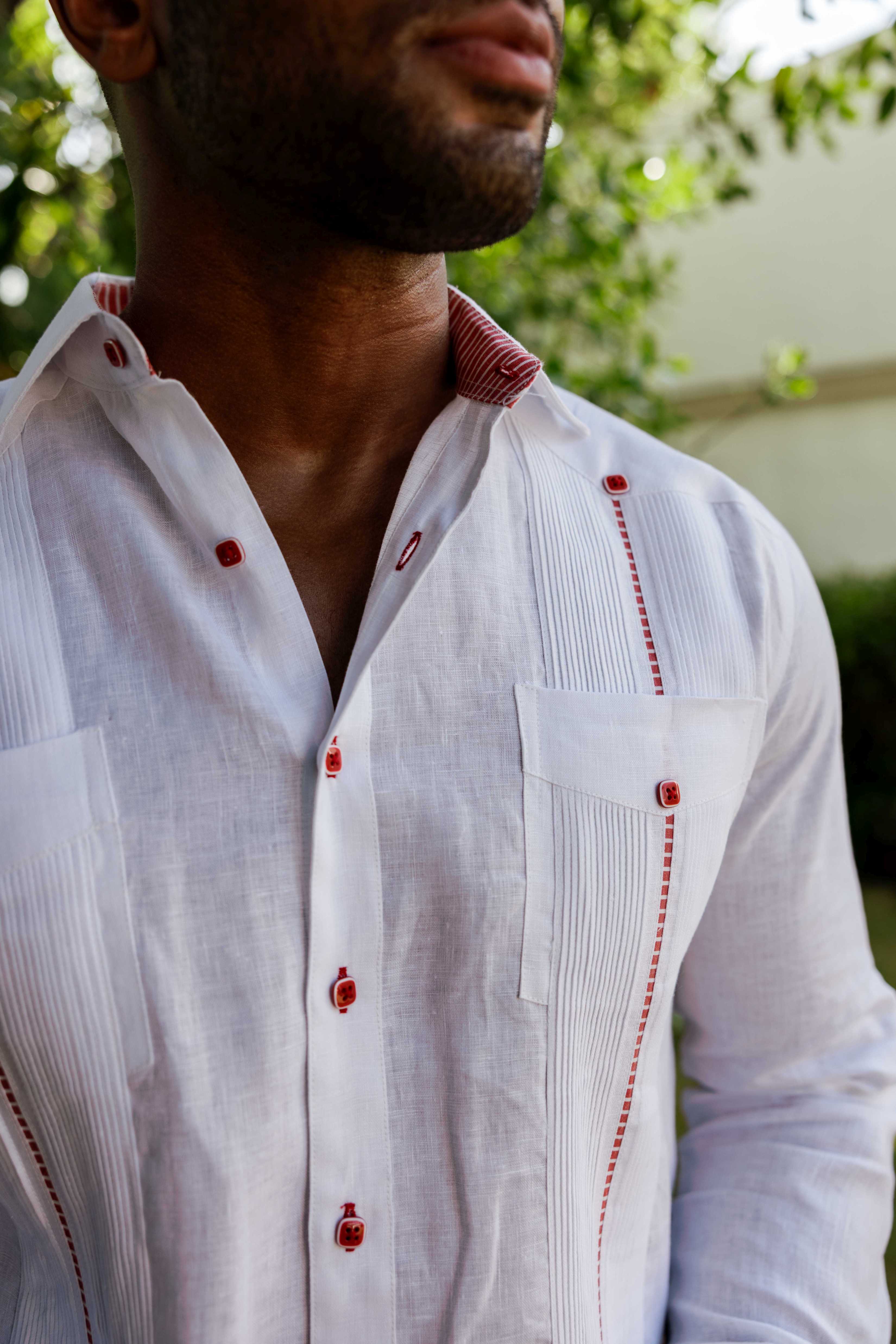 Mojito Men's Guayabera Shirt Chacabana 100% Linen with Contrast Trim Long Sleeve and French Cuff