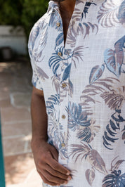 Mojito Men's Resort Style Casual Linen Blend Leafy Tropical Print Shirt