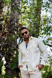 Mojito Men's 100% Linen Guayabera Chacabana Shirt Long Sleeve with Contrast Trim & Modern Pleats