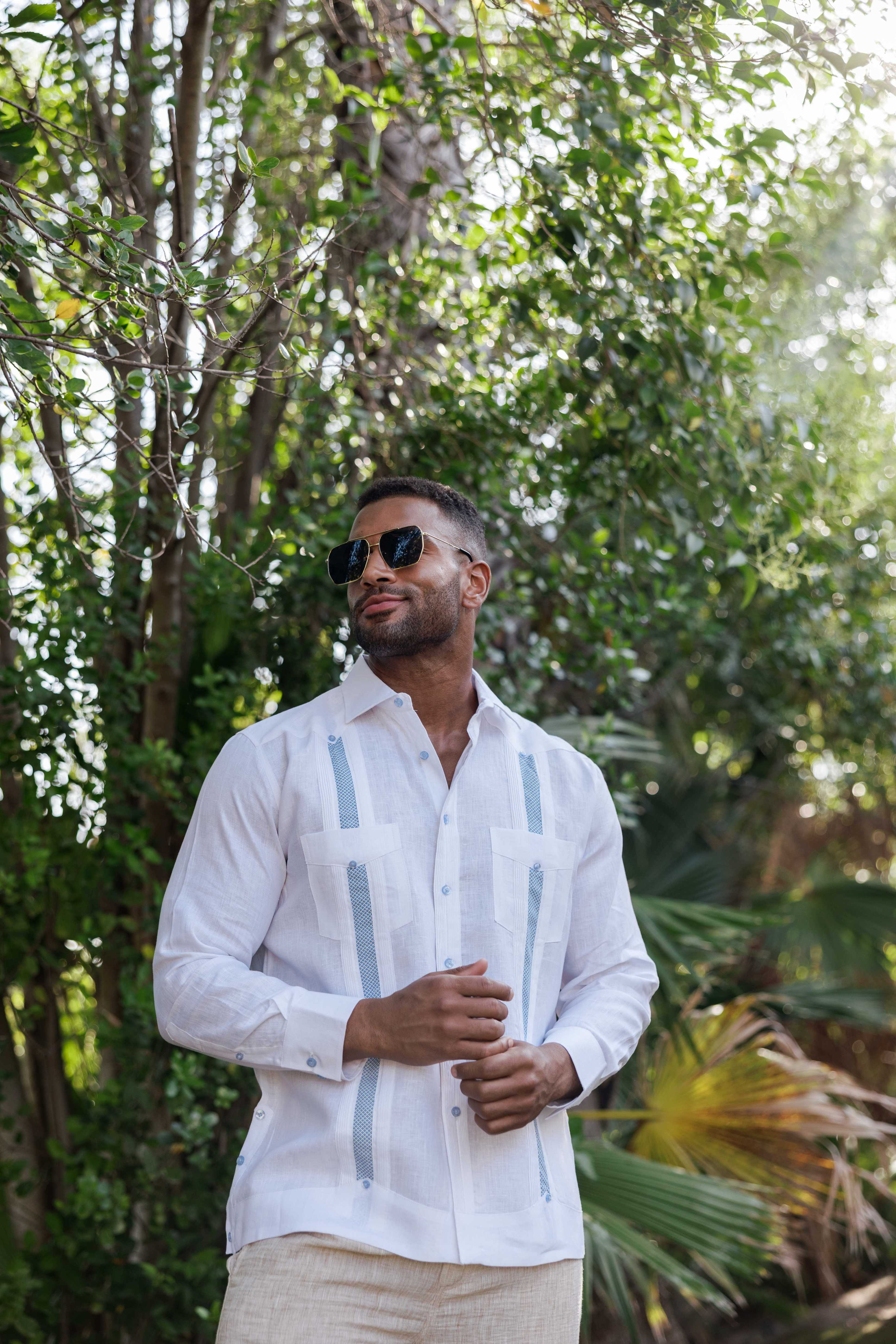 Mojito Men's 100% Linen Guayabera Chacabana Shirt Long Sleeve - Diamond Embroidery