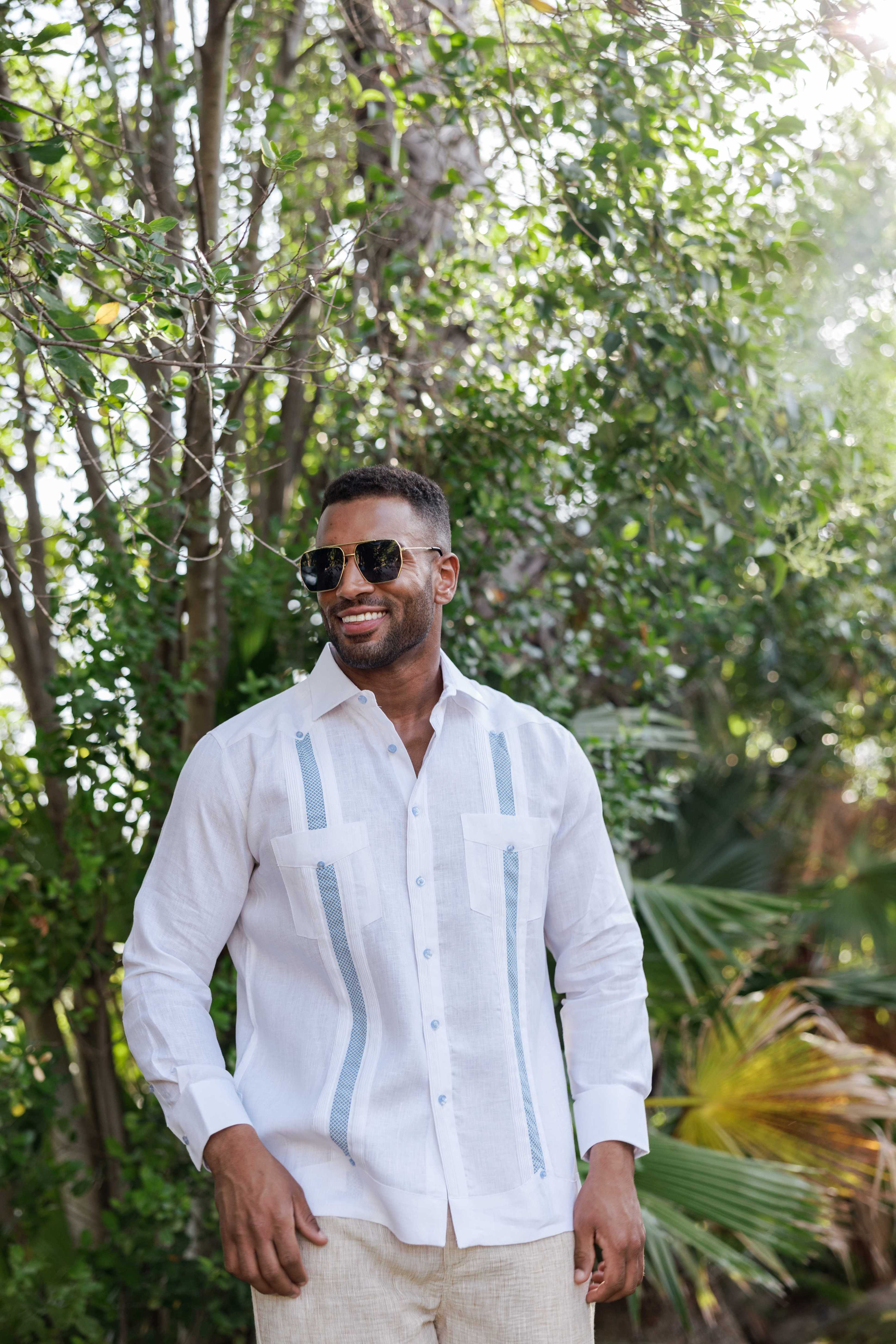 Mojito Men's 100% Linen Guayabera Chacabana Shirt Long Sleeve - Diamond Embroidery