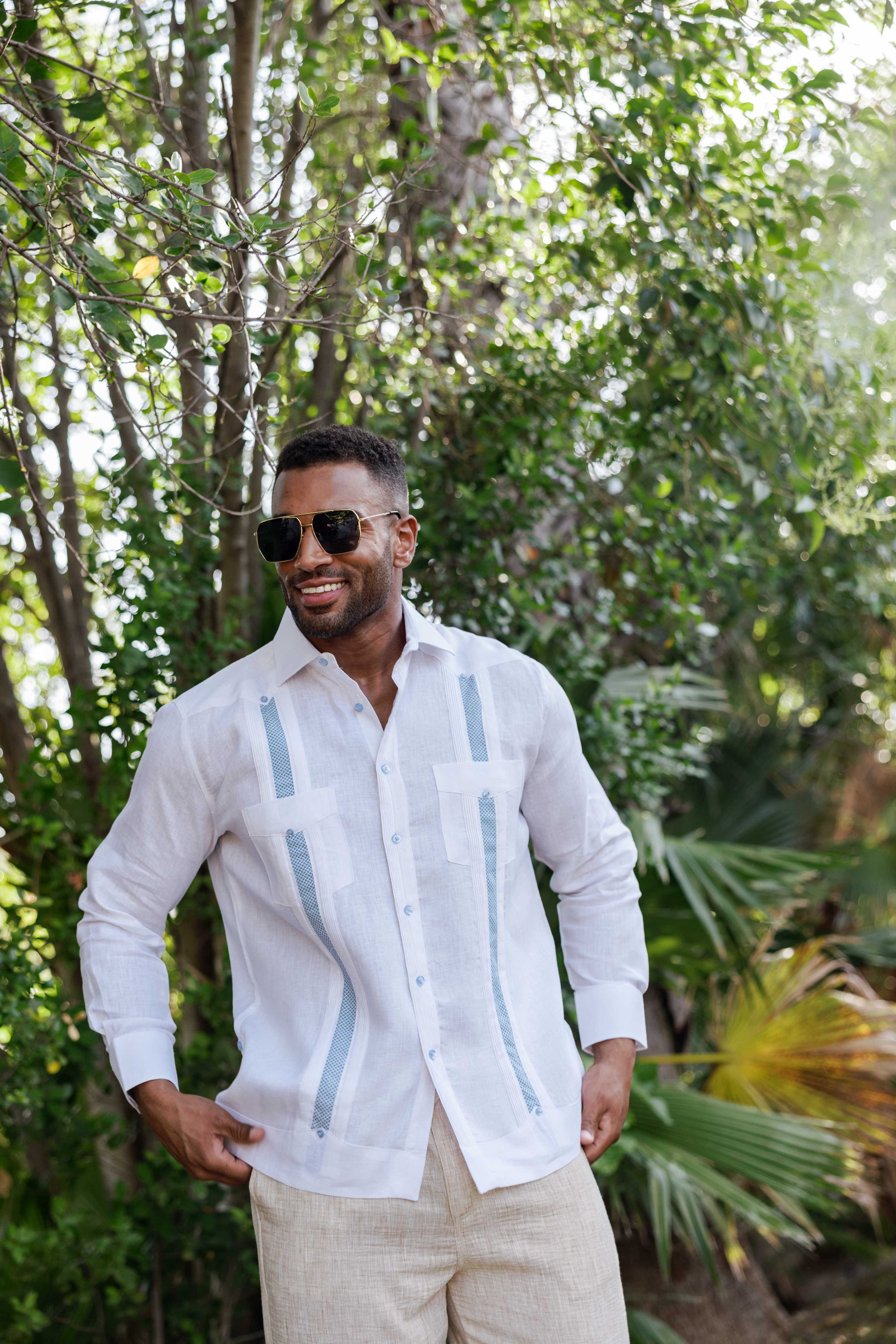 Mojito Men's 100% Linen Guayabera Chacabana Shirt Long Sleeve - Diamond Embroidery