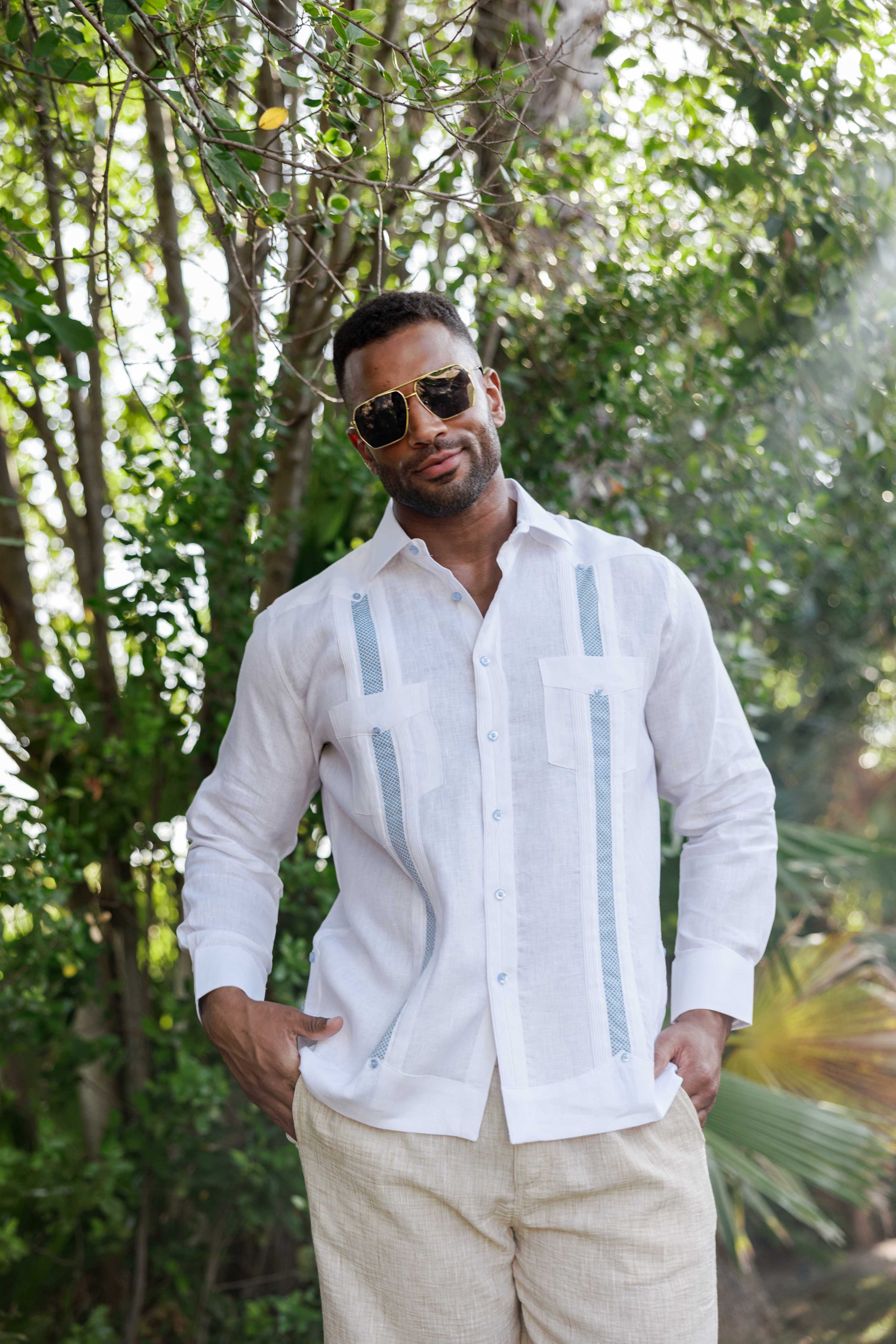 Mojito Men's 100% Linen Guayabera Chacabana Shirt Long Sleeve - Diamond Embroidery
