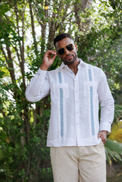 Mojito Men's 100% Linen Guayabera Chacabana Shirt Long Sleeve - Diamond Embroidery