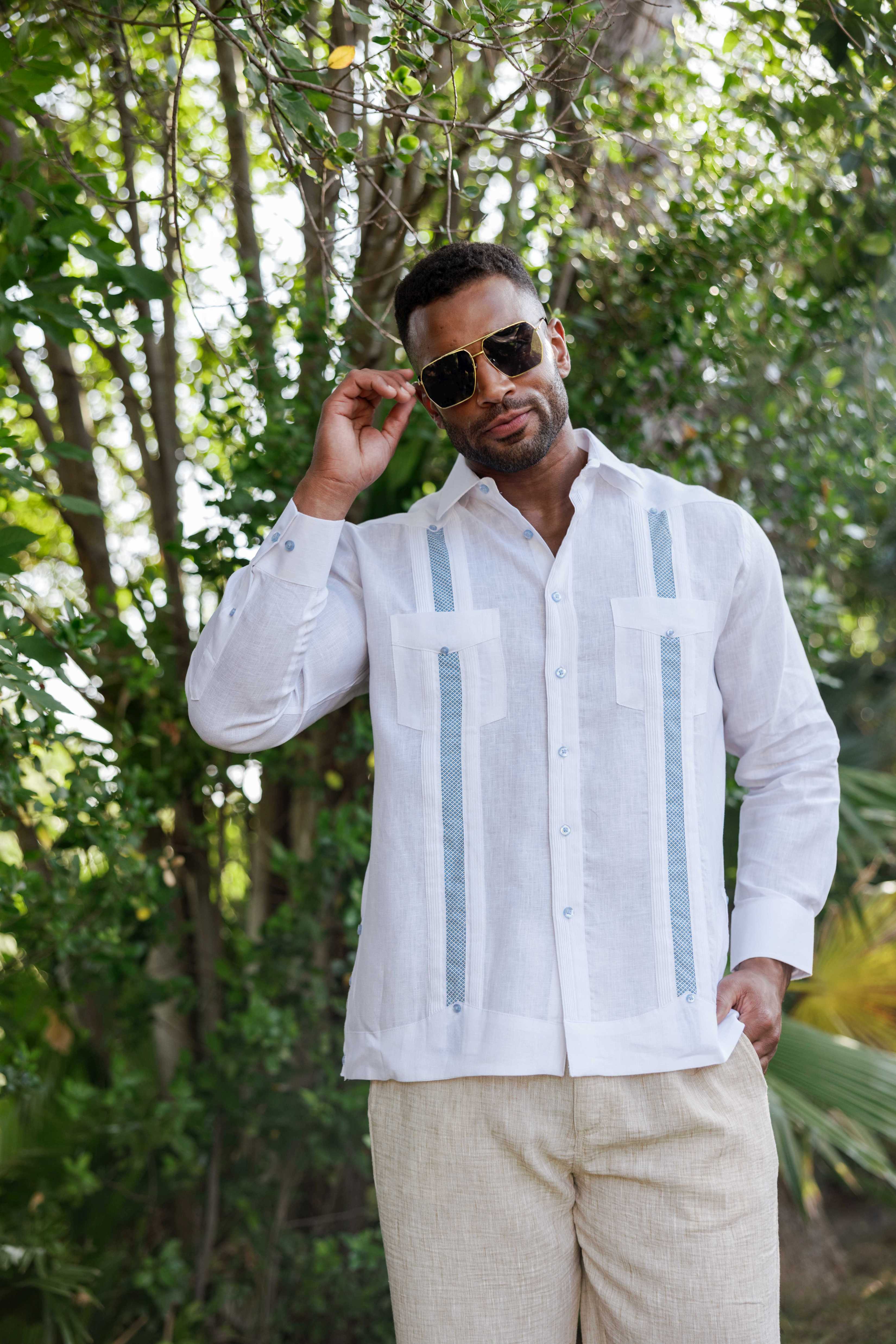 Mojito Men's 100% Linen Guayabera Chacabana Shirt Long Sleeve - Diamond Embroidery
