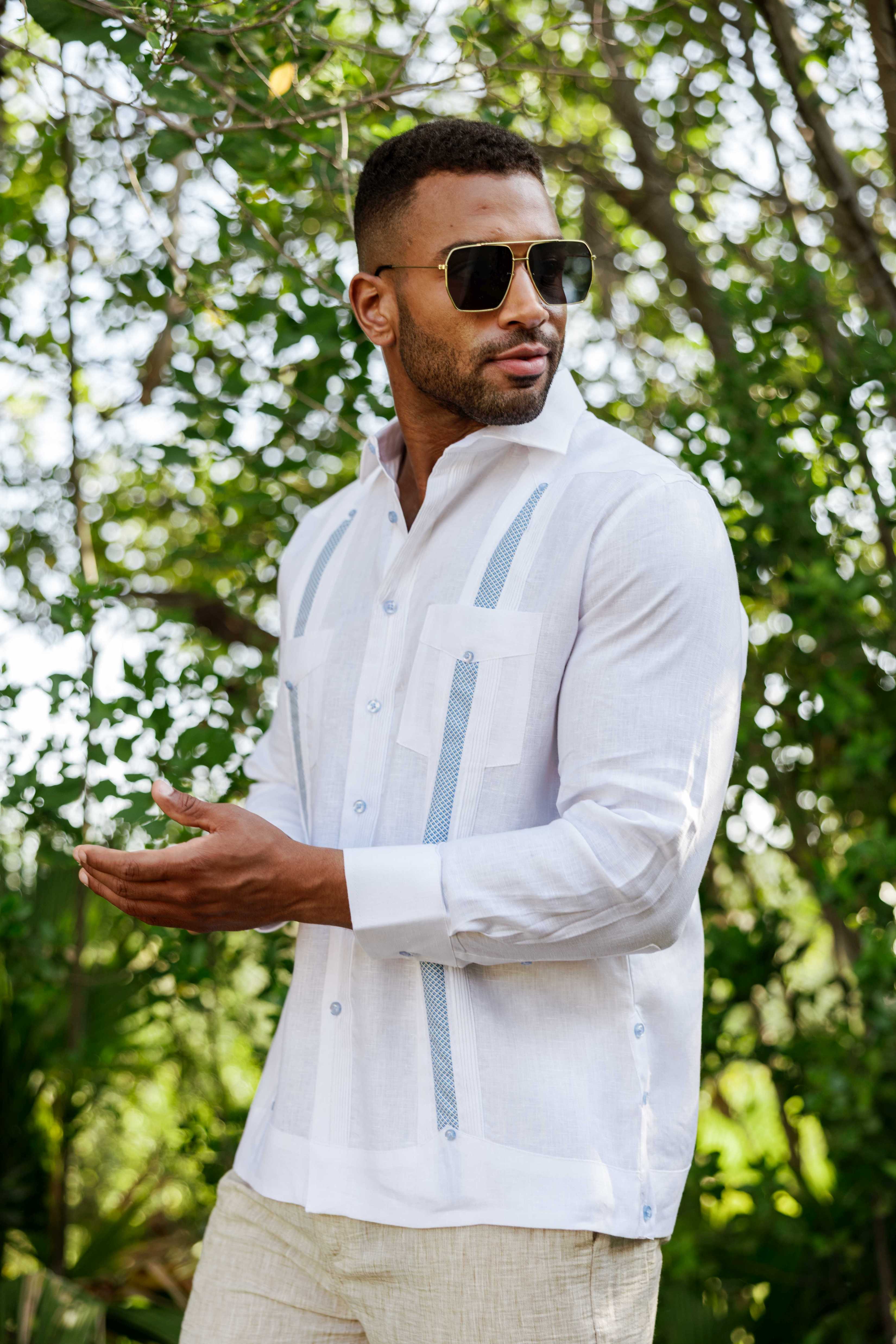 Mojito Men's 100% Linen Guayabera Chacabana Shirt Long Sleeve - Diamond Embroidery