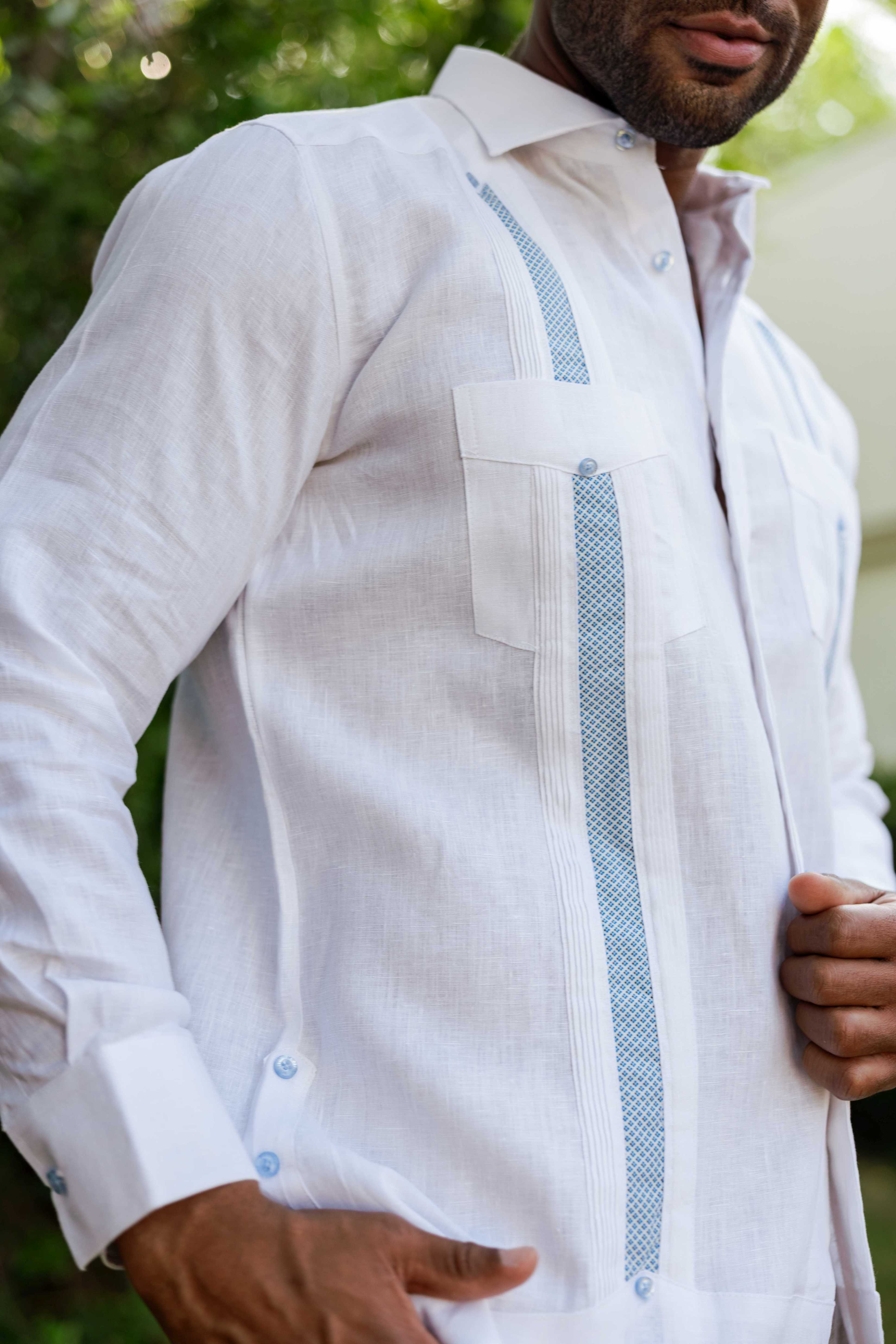 Mojito Men's 100% Linen Guayabera Chacabana Shirt Long Sleeve - Diamond Embroidery